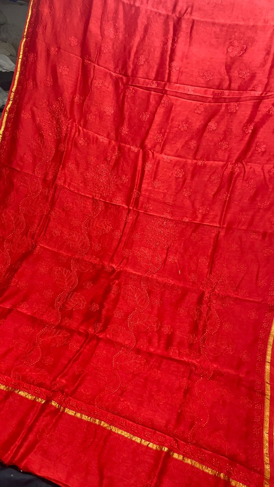 Moonlight Pure Sindoori reds Chanderi silk Chikankari saree