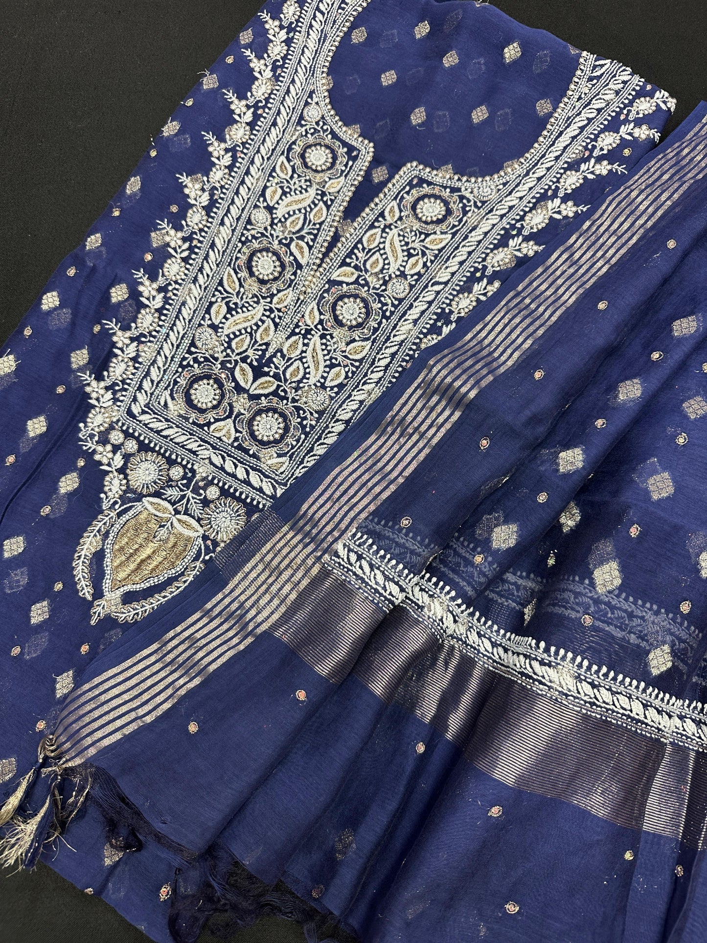 Banarsi Chanderi silk suit - Navy blues