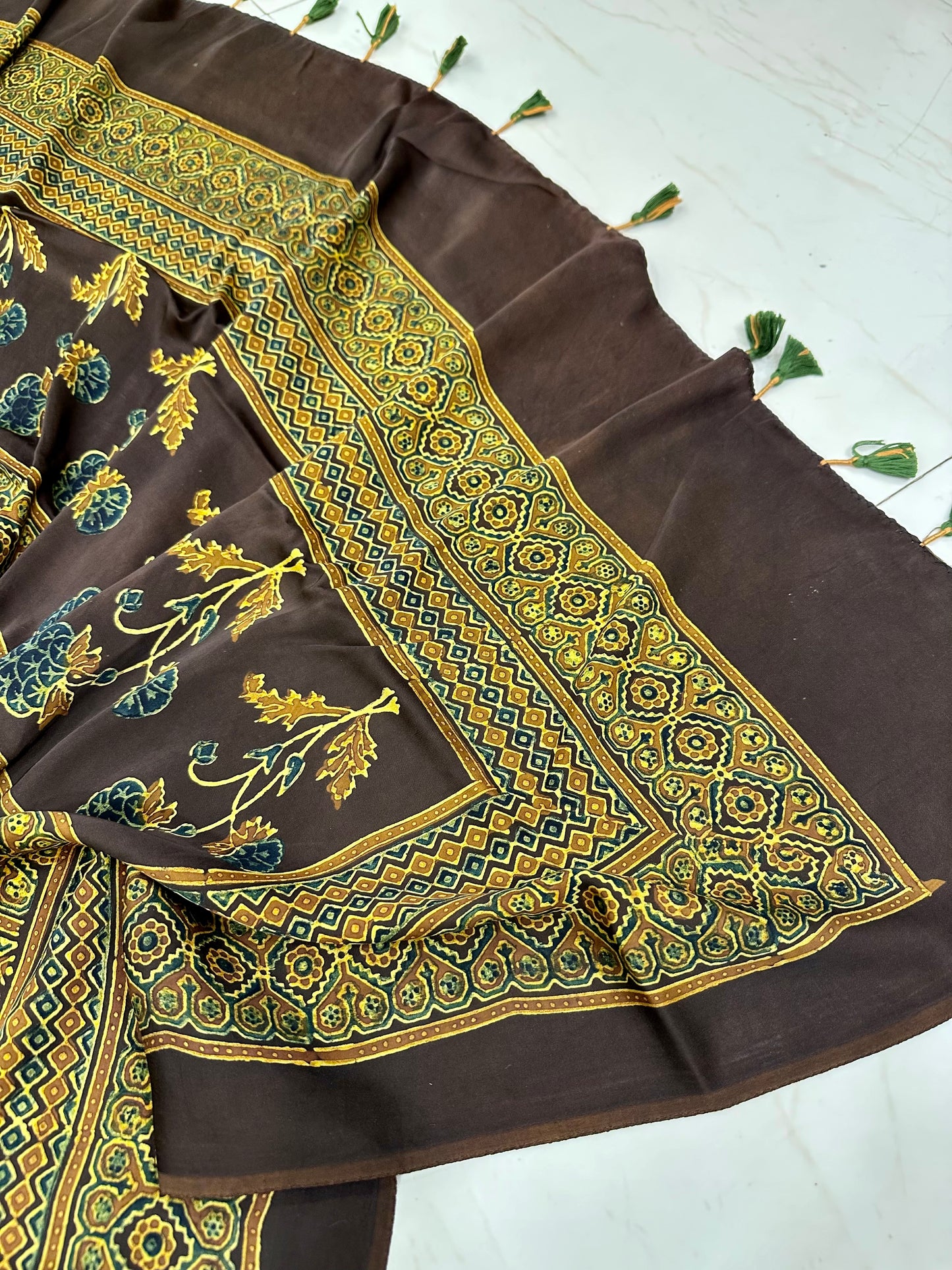 Bulbul Terracotta browns handcrafted pure modal silk ajrakh saree
