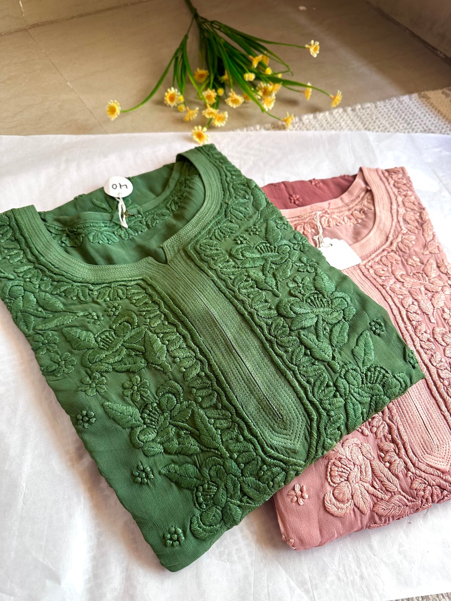 Rutu 3D Handwork Mehendi green georgette Chikankari kurta