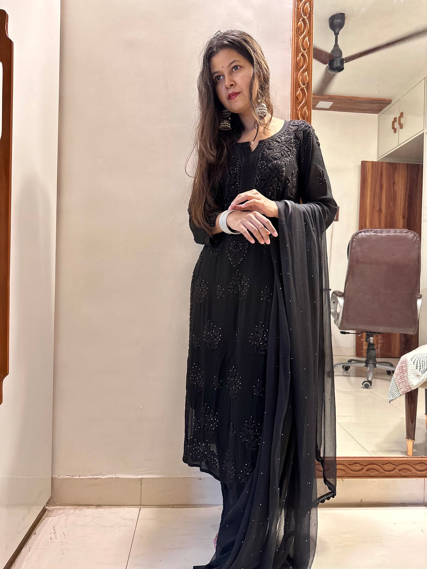 Haseen Haniya jet black Chikankari 6D work Suit set