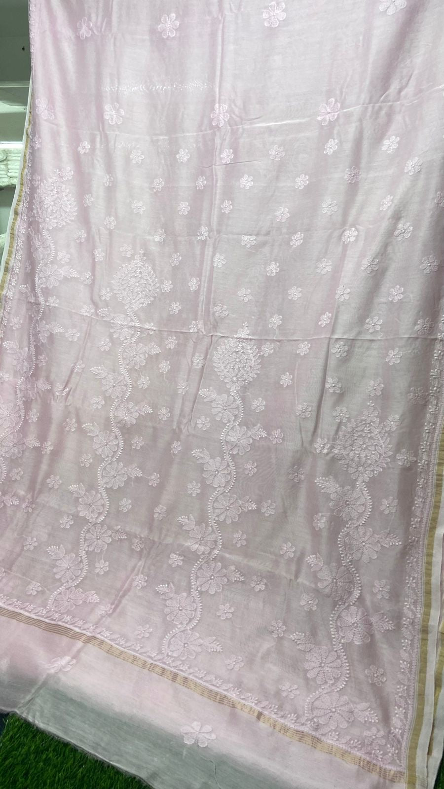 Moonlight Baby pink Pure Chanderi silk Chikankari saree