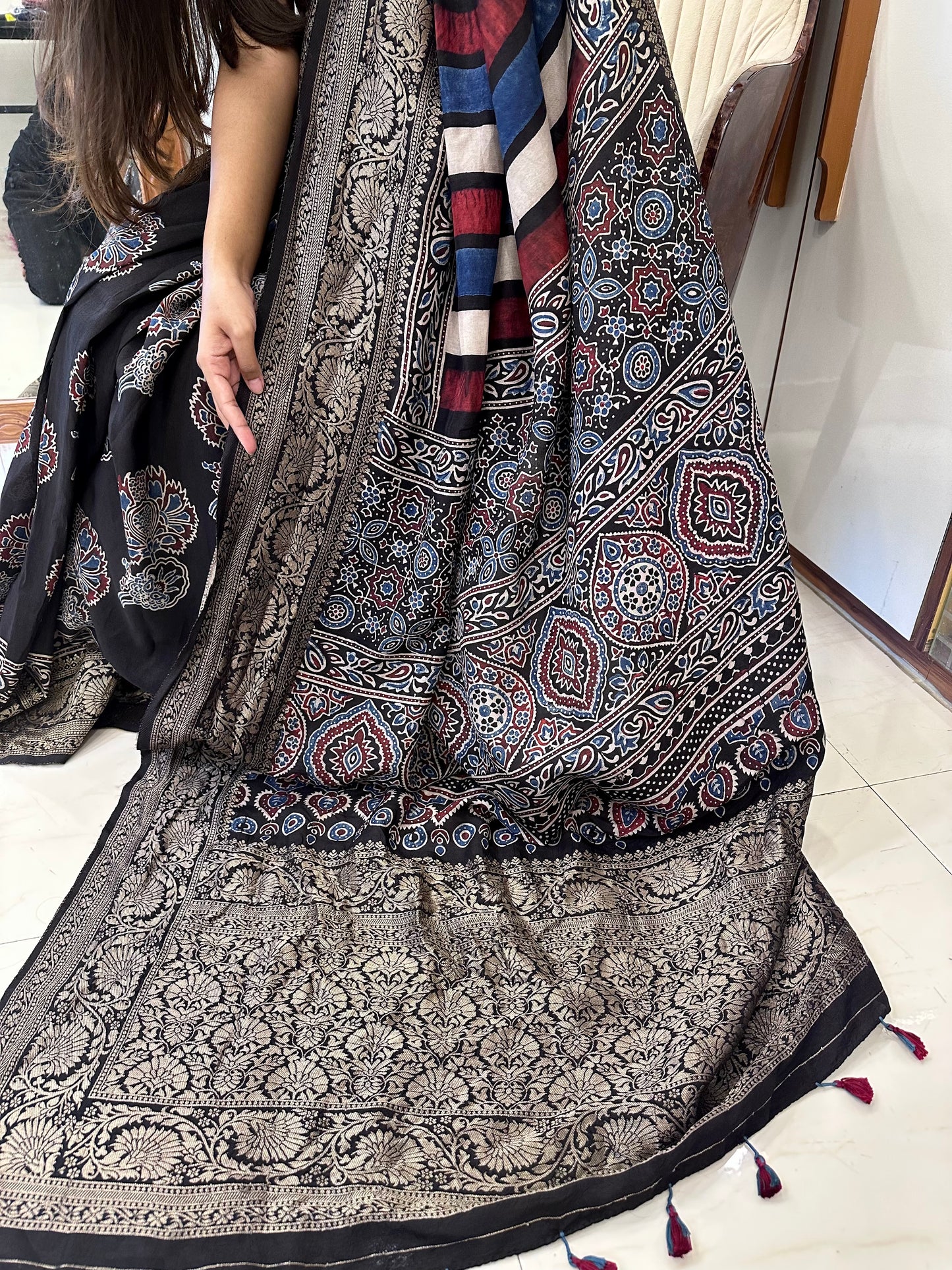 Apsara Pure chanderi silk handblock Ajrakh saree