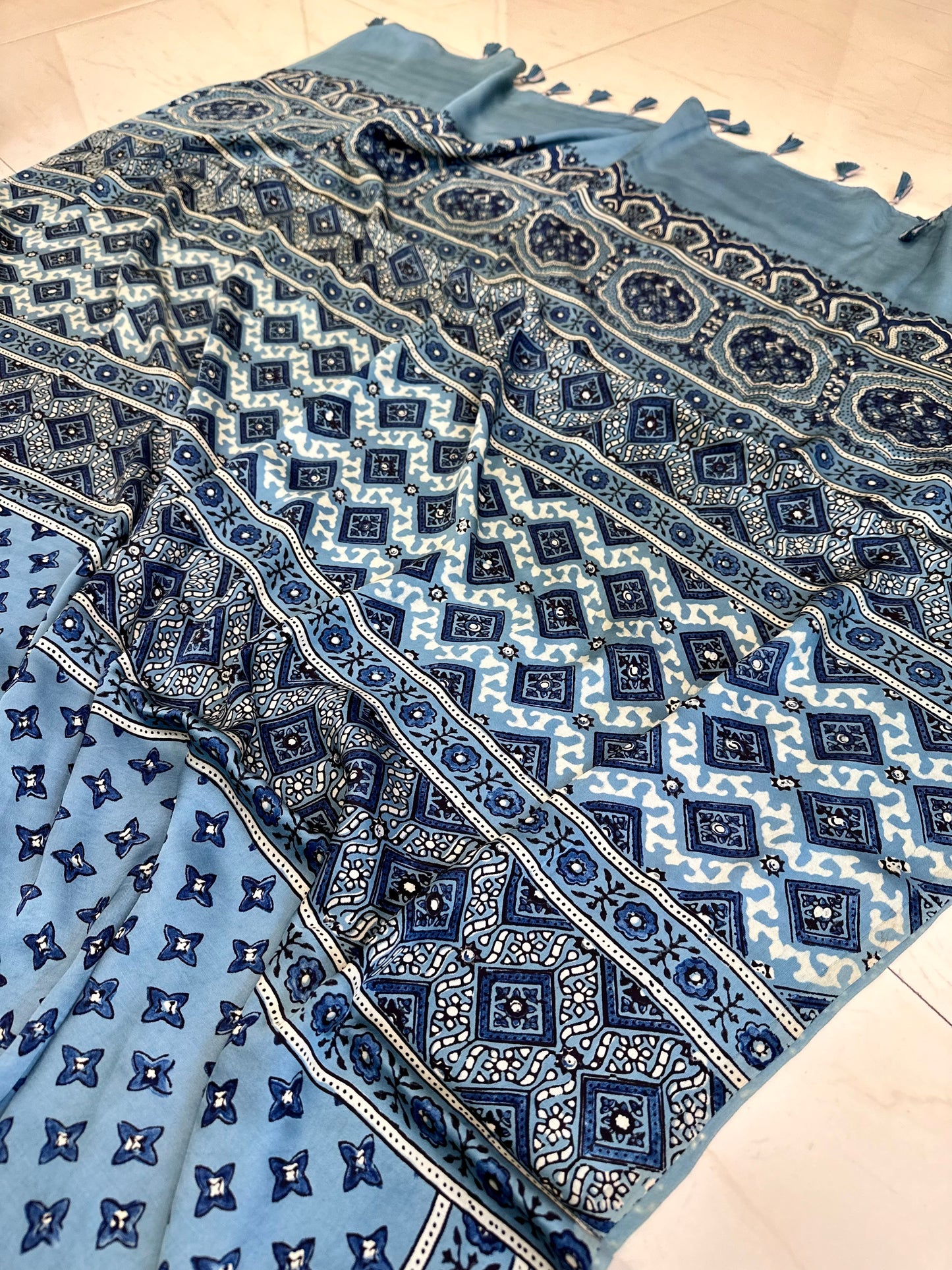 Bulbul Ice blue pure modal silk ajrakh saree