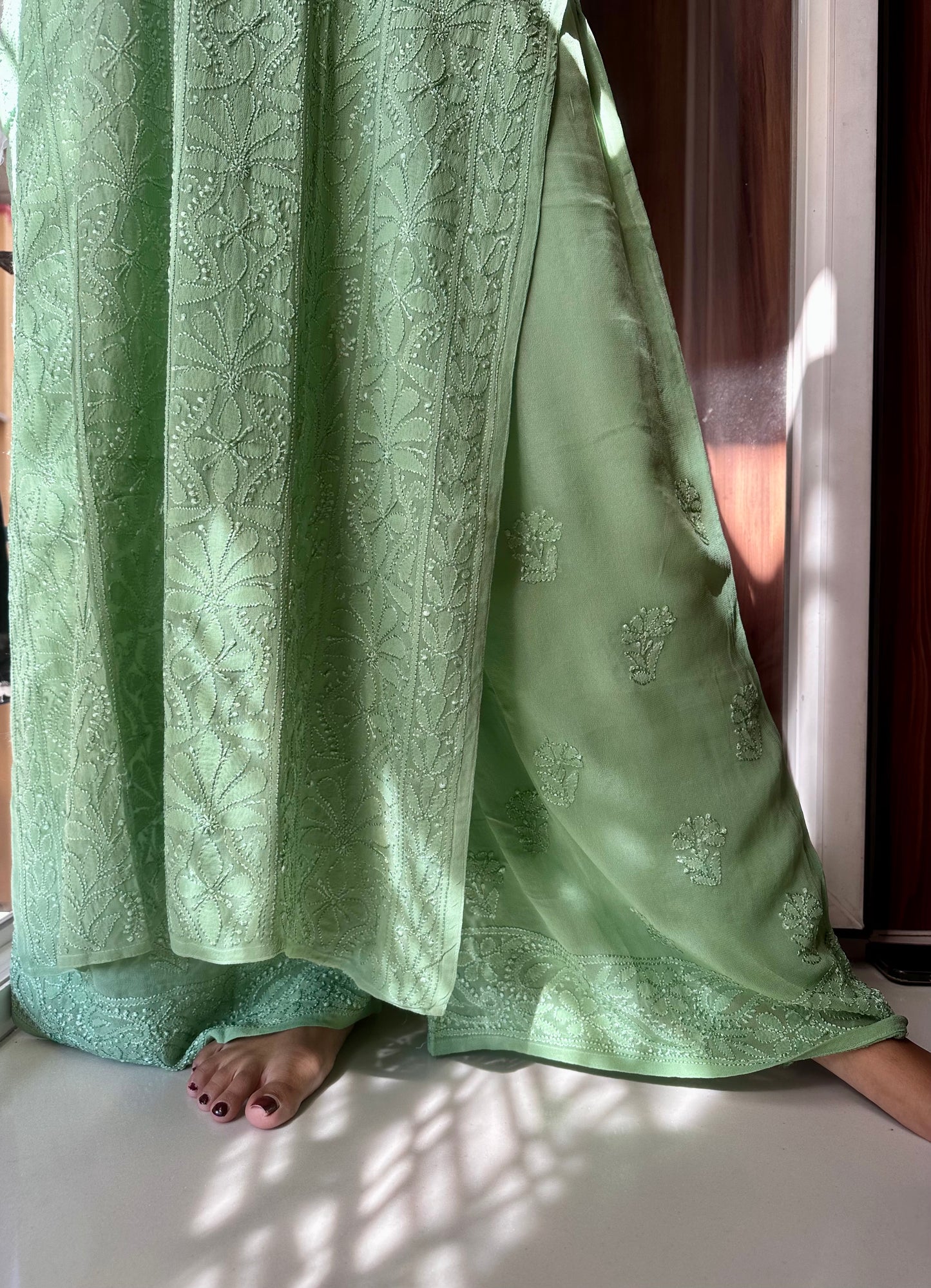 Sage green Viscose Georgette Chikankari Kurti Suit Set