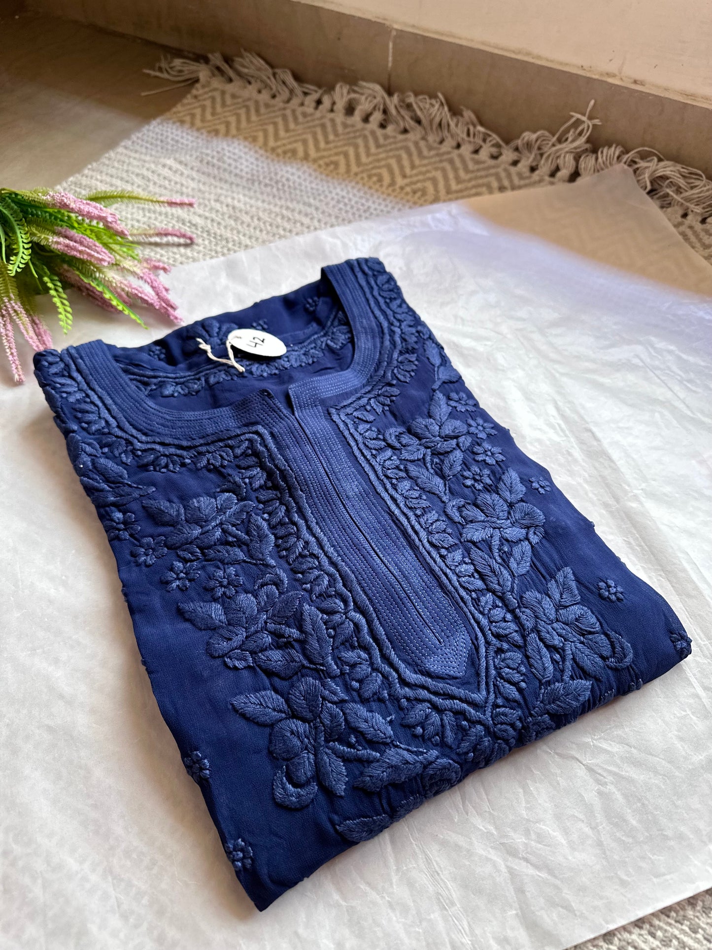 Rutu 3D handwork Navy blue Georgette Chikankari Kurta