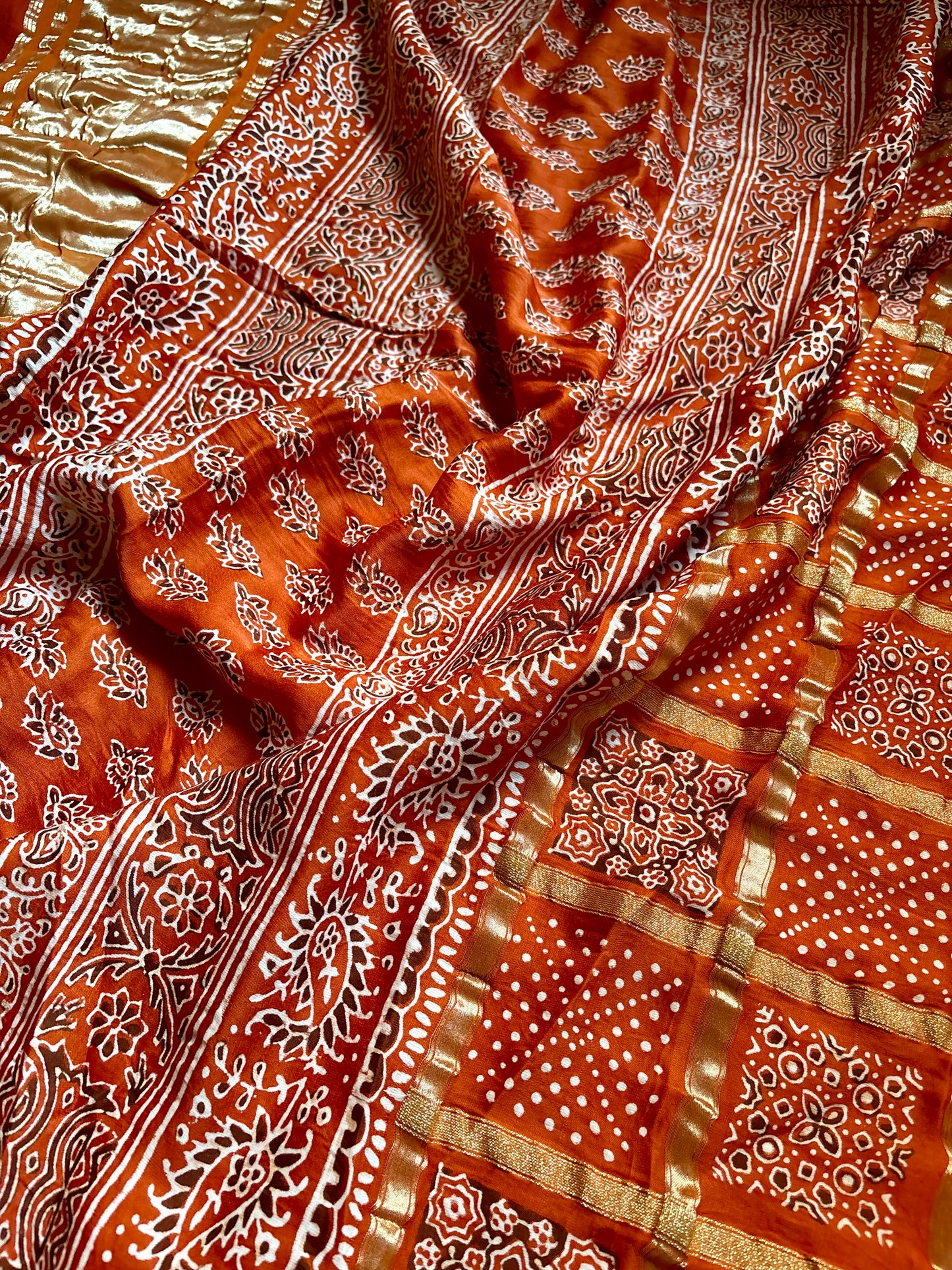 Pure Modal Gharchola Bandhej Ajrakh Saree