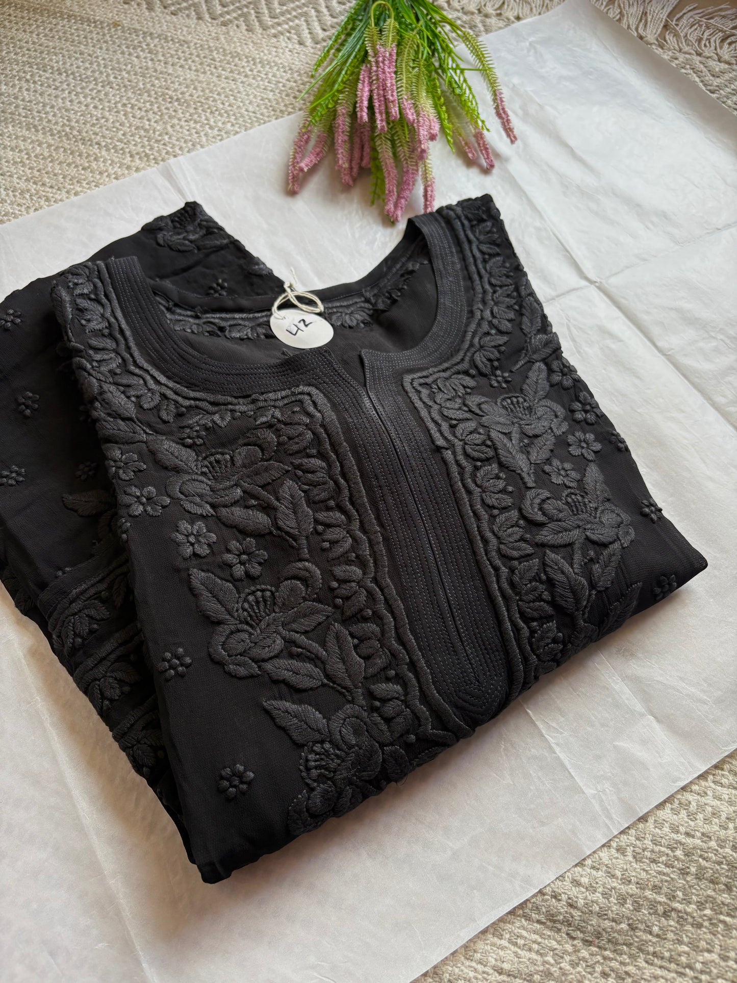 Rutu Jet black 3D handwork Lucknowi Chikankari Kurta