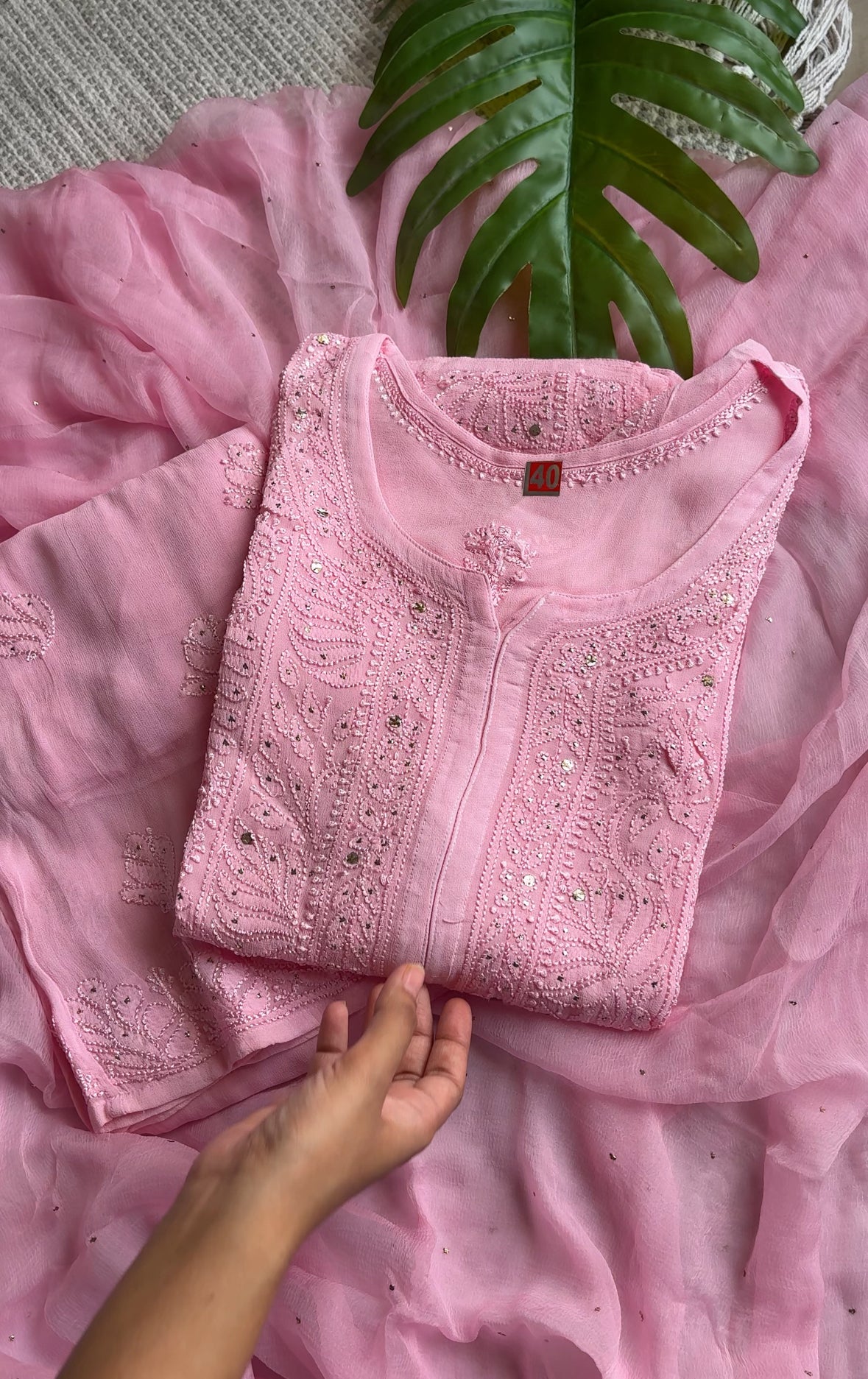 SUIT : Tara Baby Pinks Viscose Georgette Lucknowi Kurti Suit set