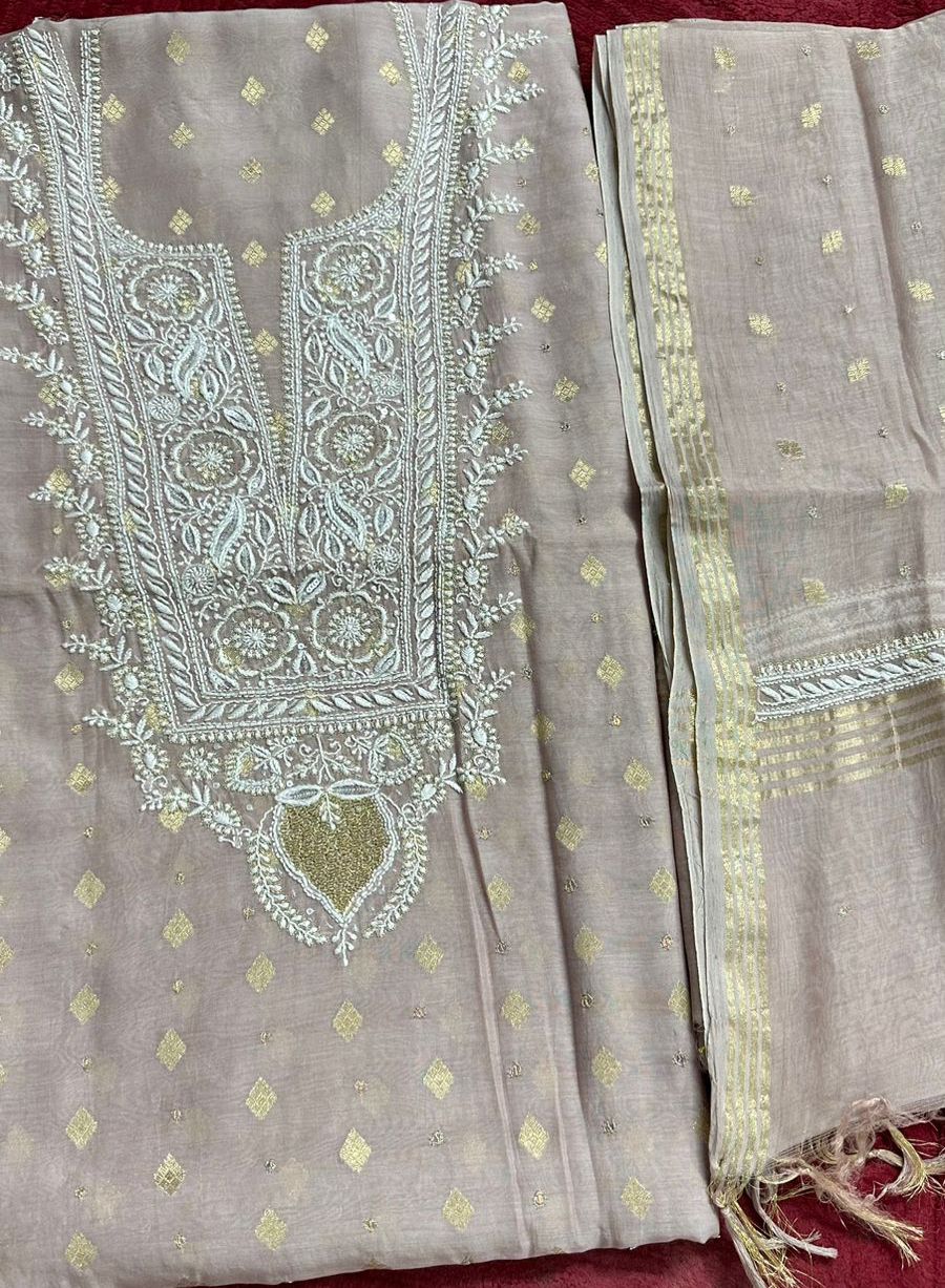 Banarsi weave Unstitched Pure Makhan mul chanderi Suit Sets