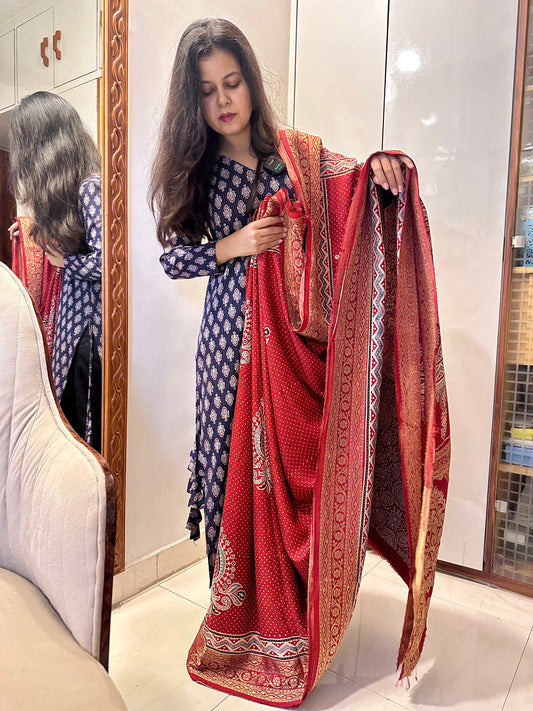 Gauri pure hand block Ajrakh saree