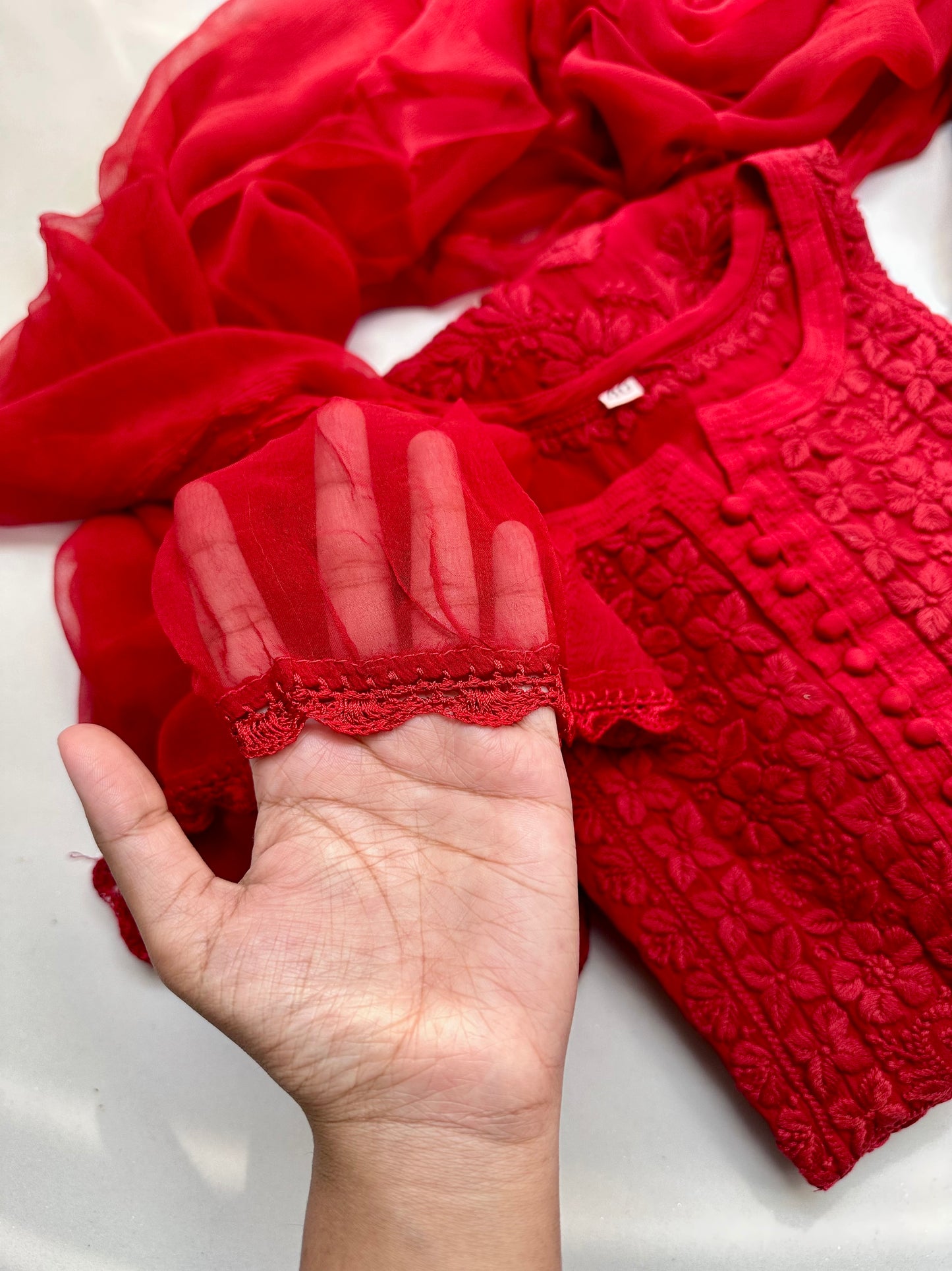 Heer sindoori Red 3D work Chikankari Suit Set