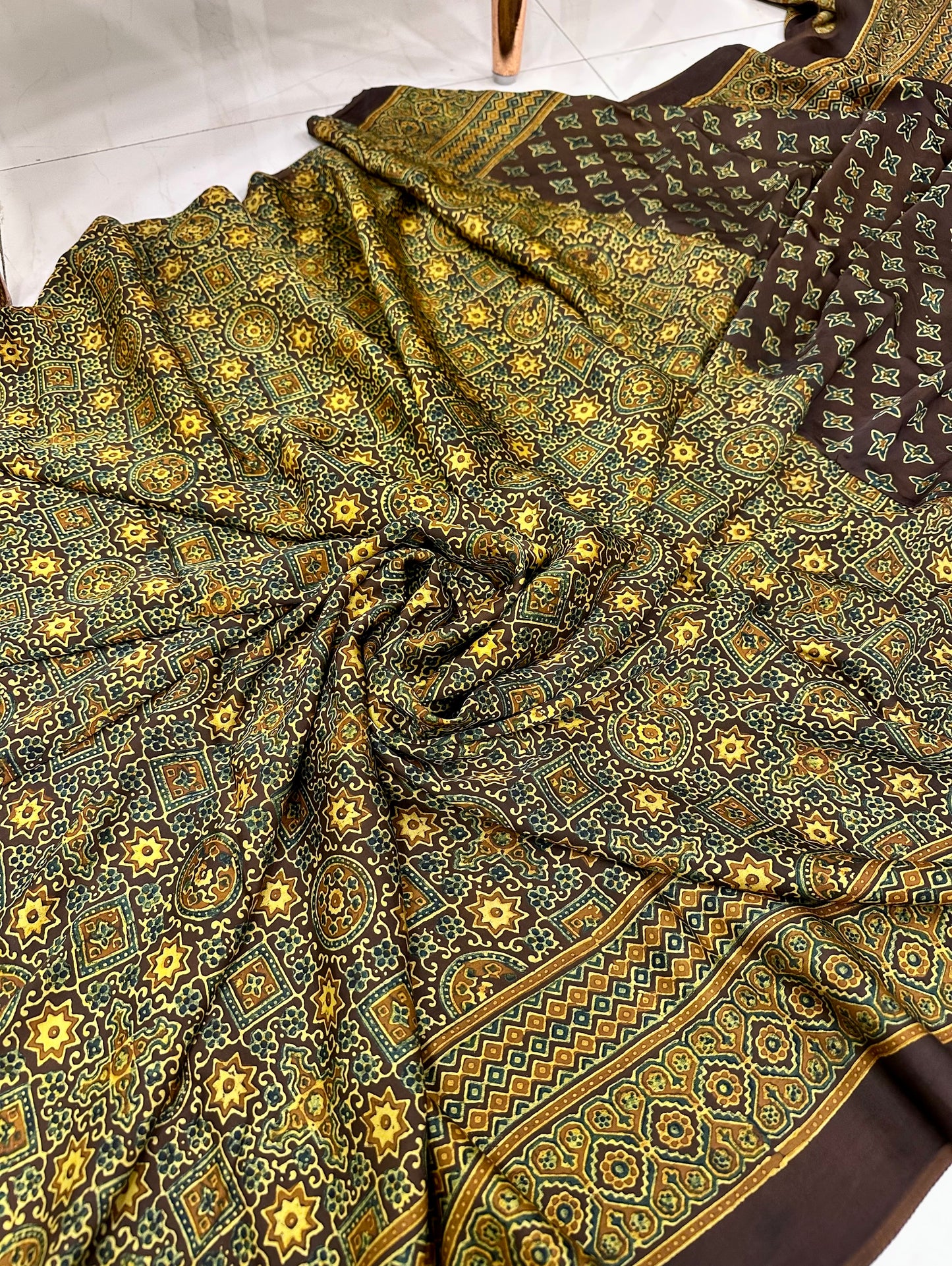 Bulbul Terracotta browns handcrafted pure modal silk ajrakh saree