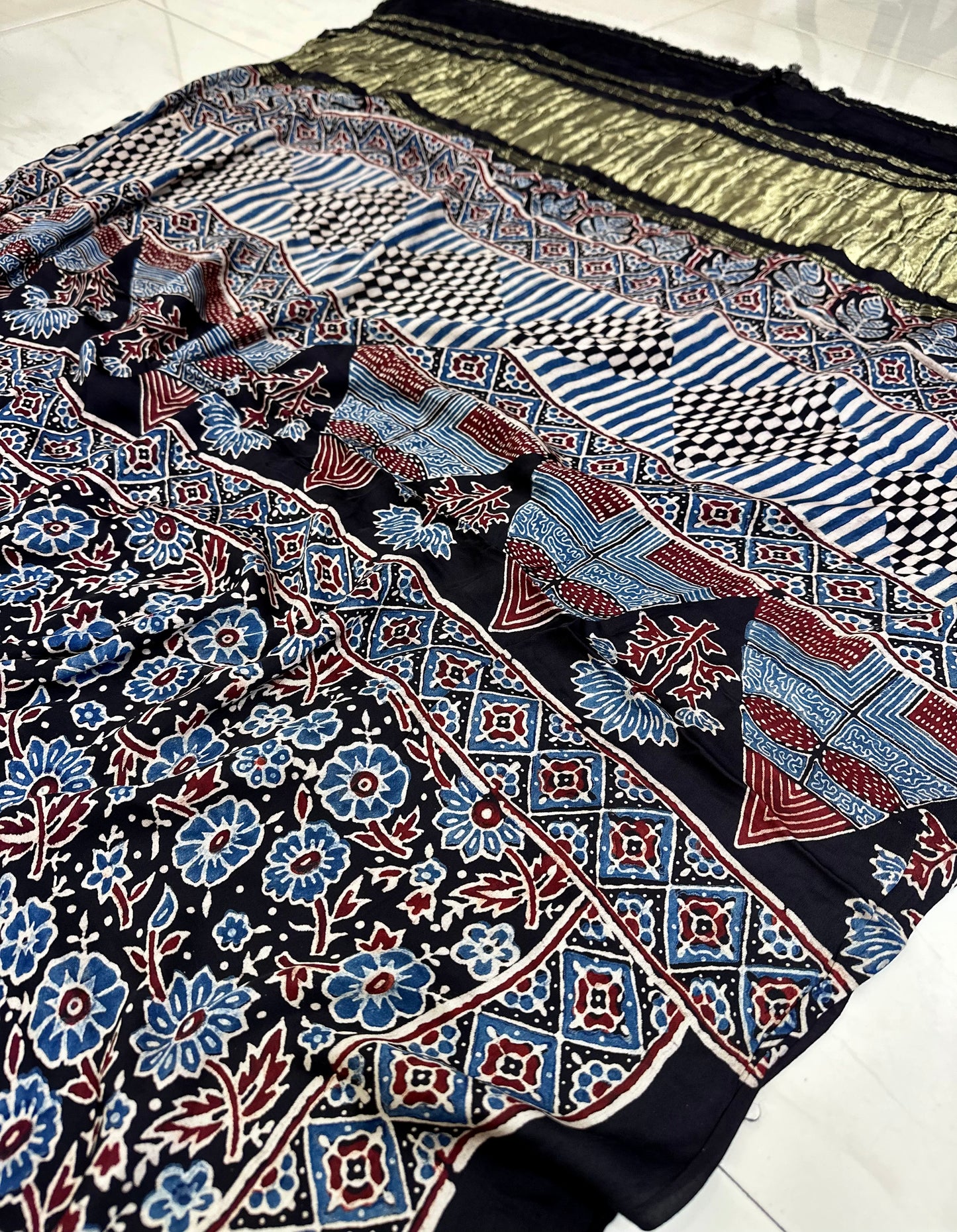 Bulbul Pure modal Silk Ajrakh saree