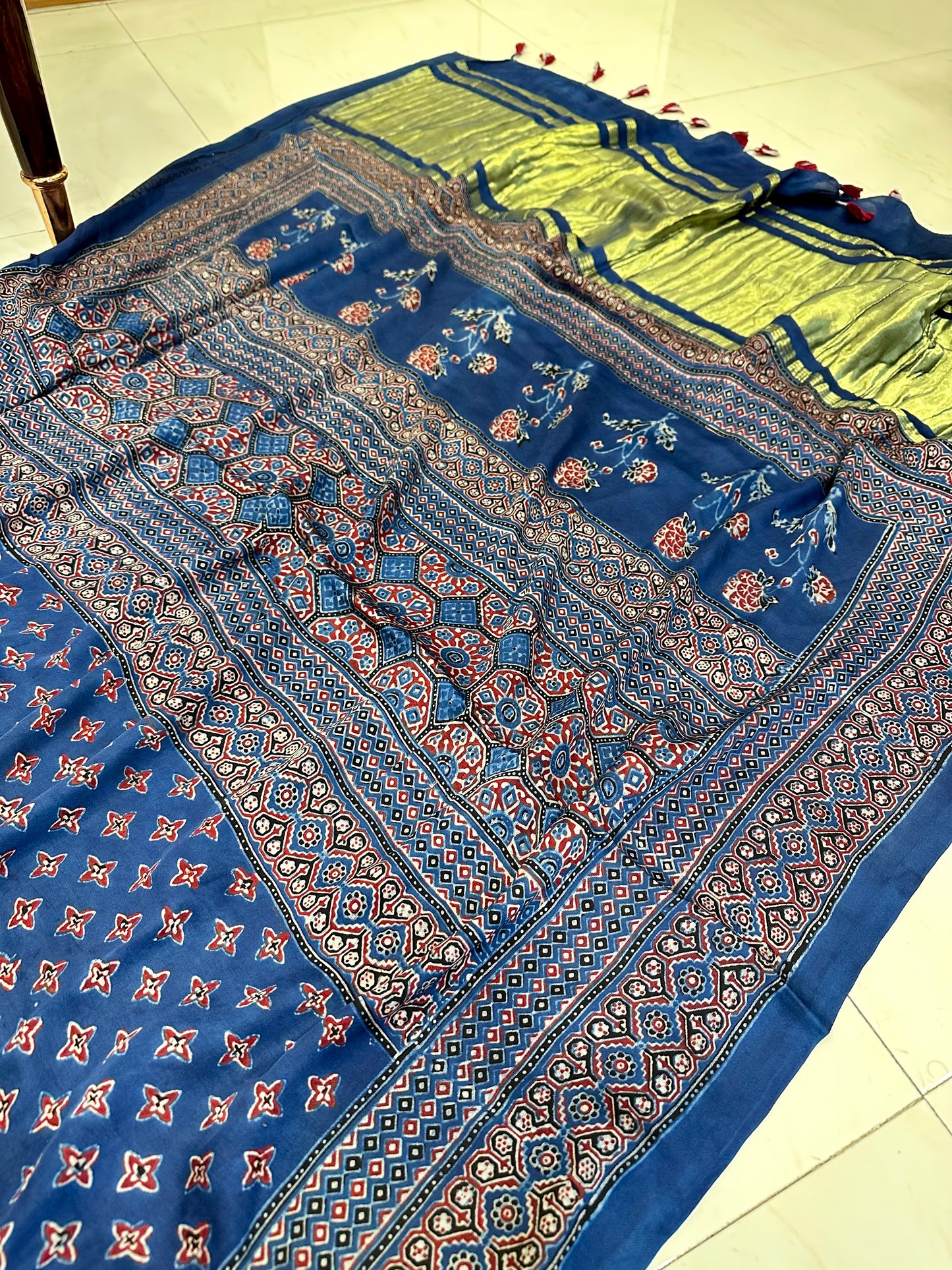 Bulbul hand block Indigo ajrakh saree