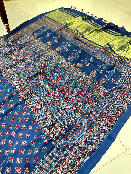 Bulbul hand block Indigo ajrakh saree