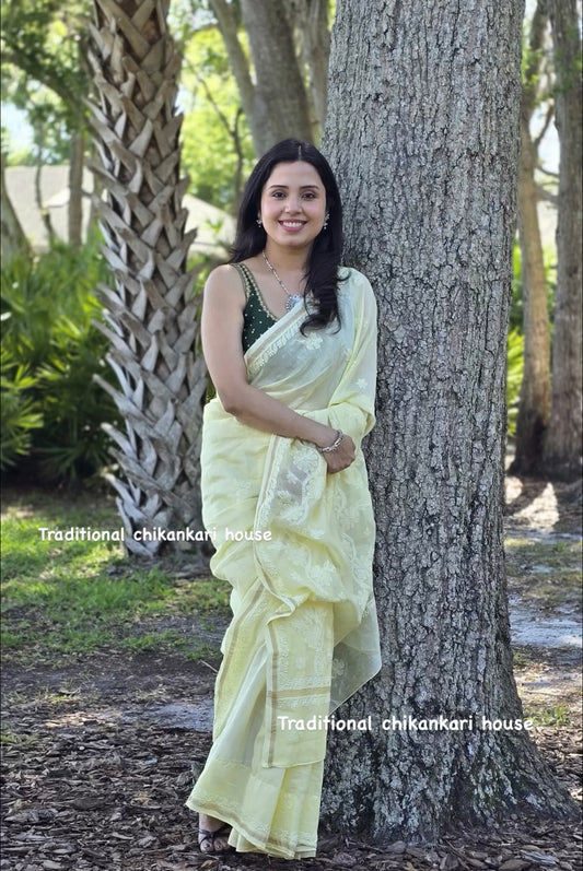 Moonlight lemon yellow Pure Chanderi silk Chikankari saree