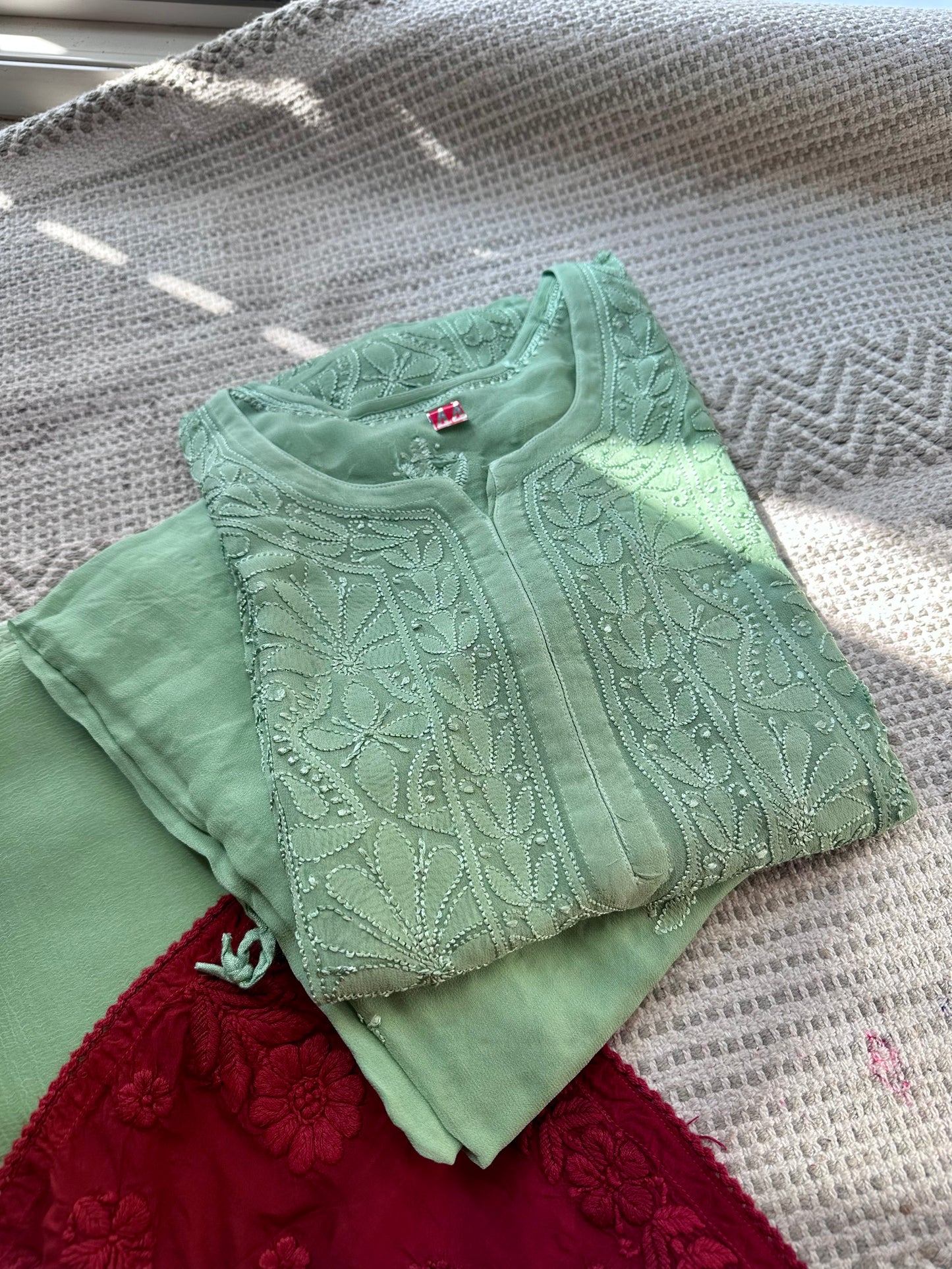 Sage green Pure Handwork Georgette Chikankari Suit Set