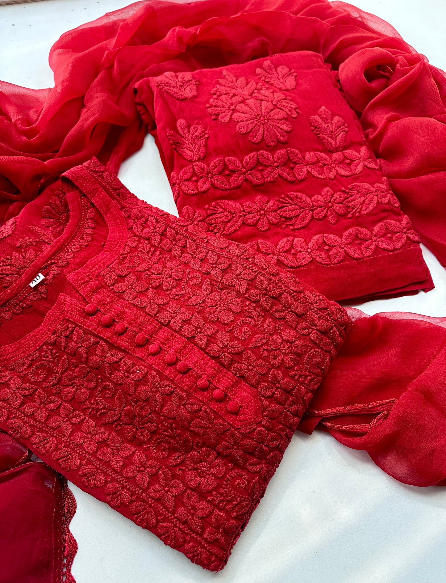 Heer sindoori Red 3D work Chikankari Suit Set