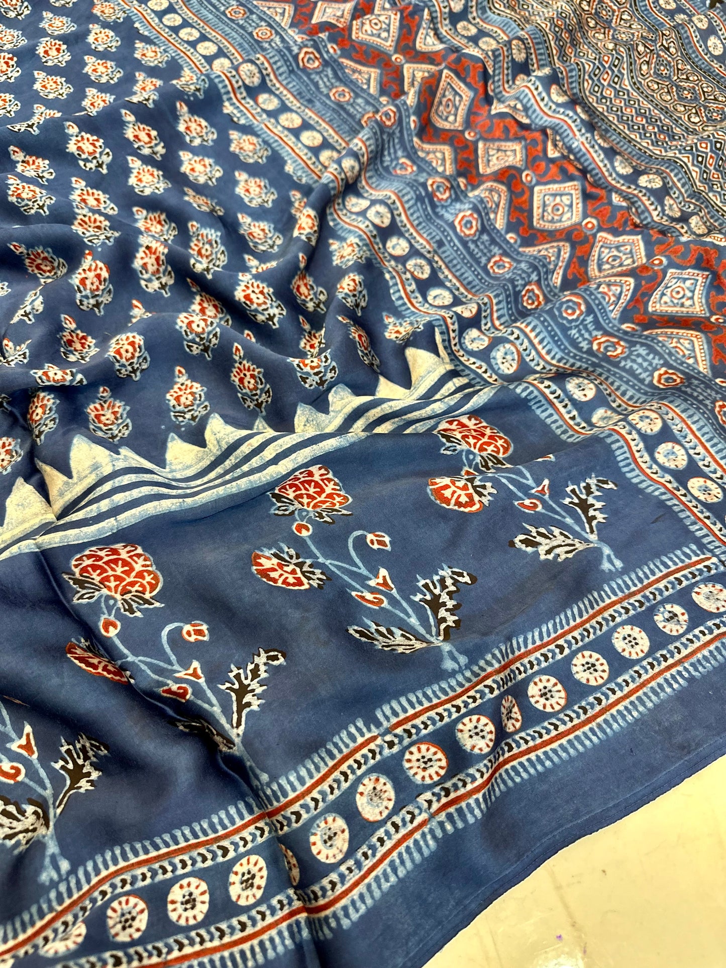 Bulbul Hand Blocked Indigo Ajrakh Modal saree