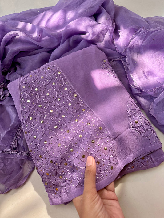 Tara Deep lavender Chikankari georgette Suit Set