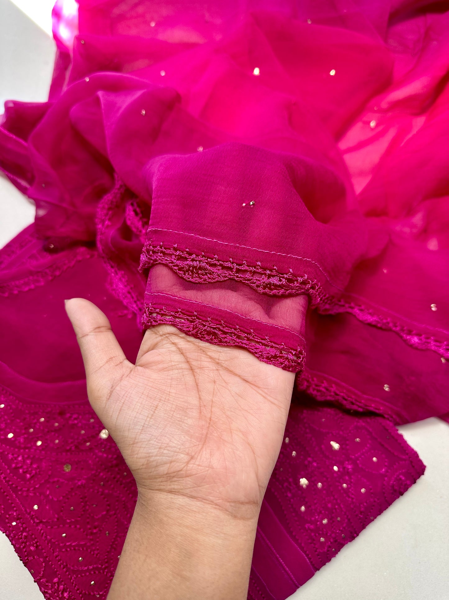 Tara - Deep pink georgette Mukaish suit set