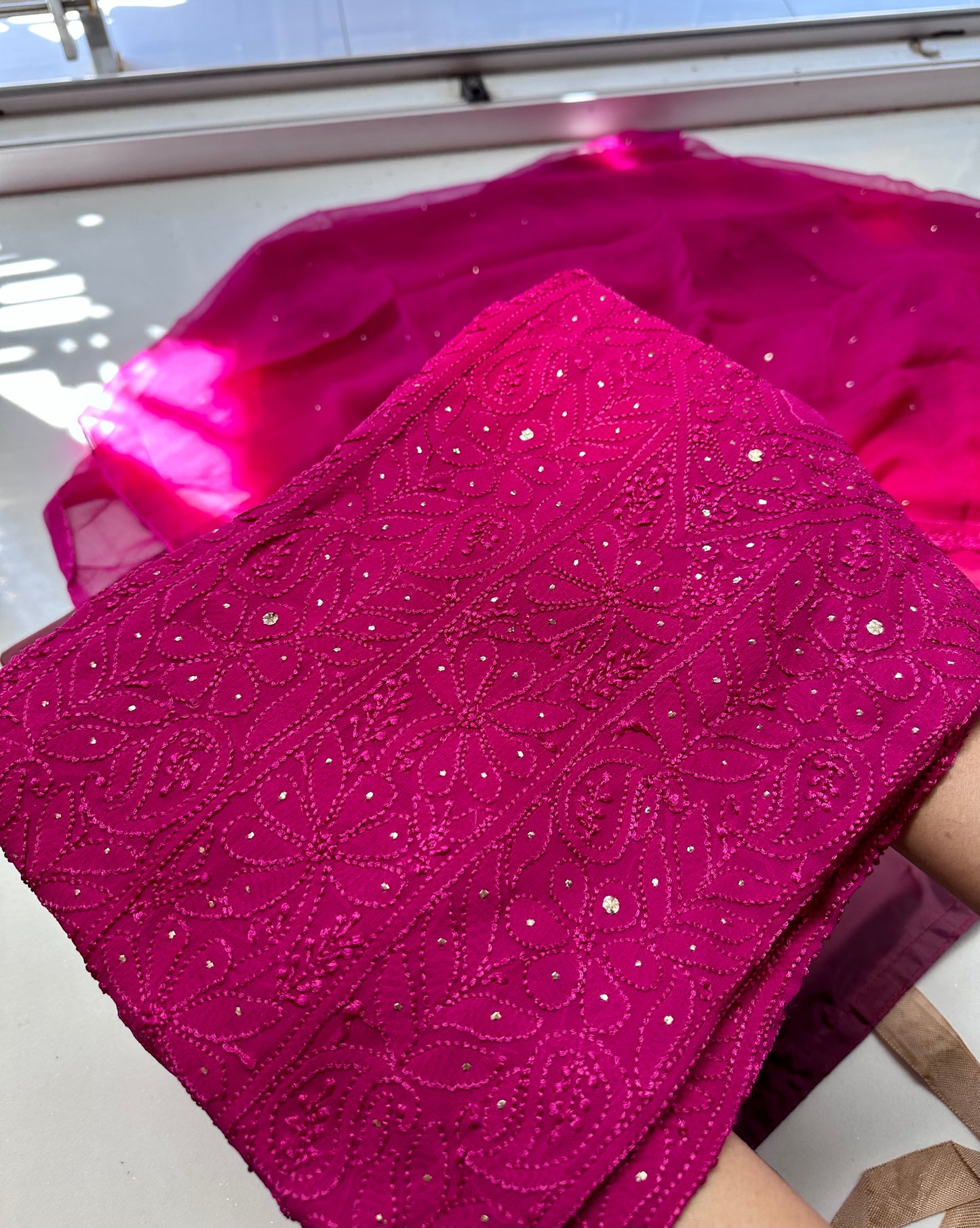 Tara - Deep pink georgette Mukaish suit set