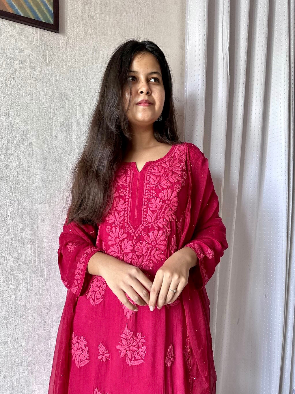 pink chikankari dress Pink Ethereal Elegance Cotton Chikankari Kurta and Pant Set Stitched Ready To Wear-Size 42