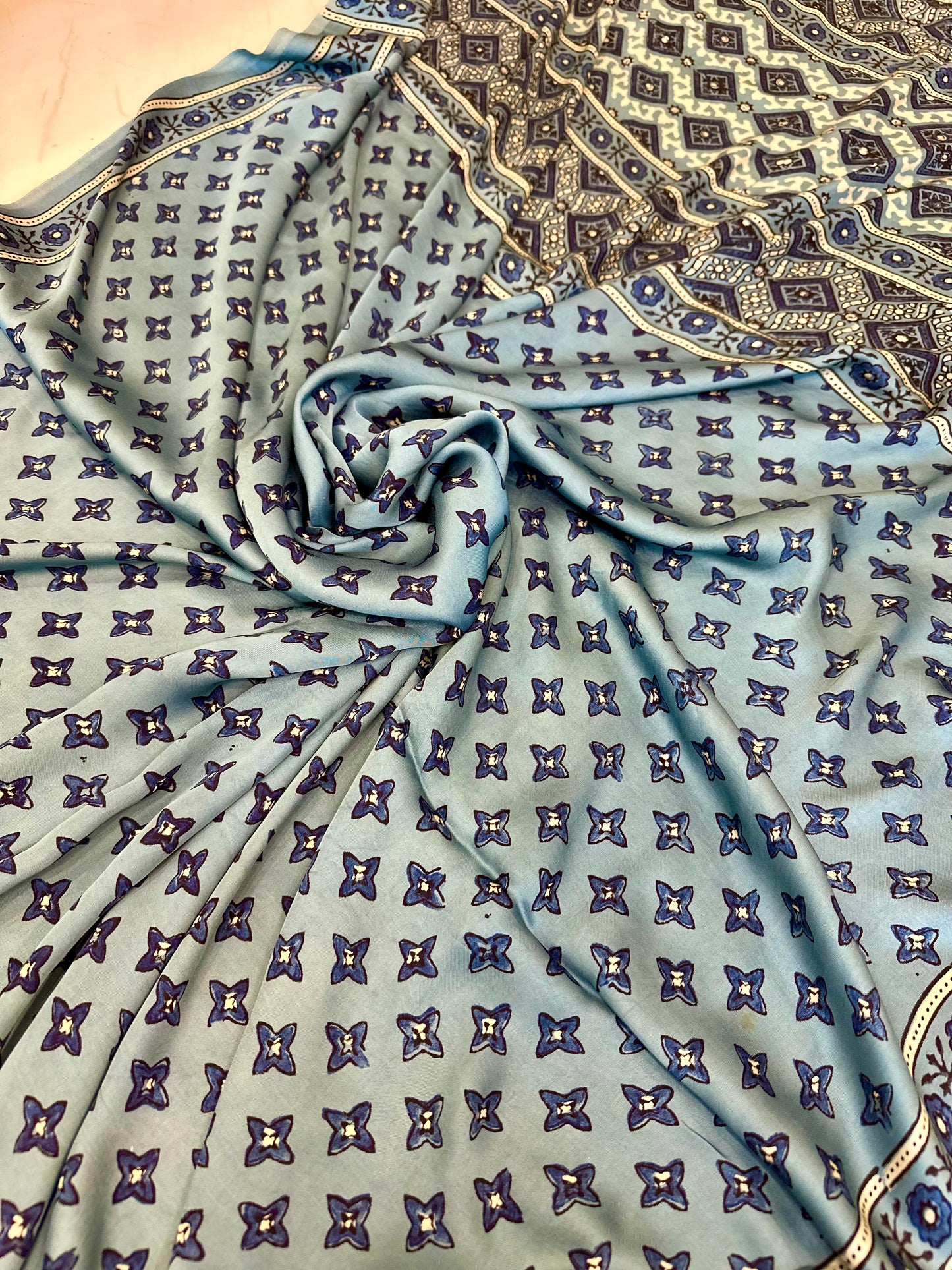 Bulbul Ice blue pure modal silk ajrakh saree