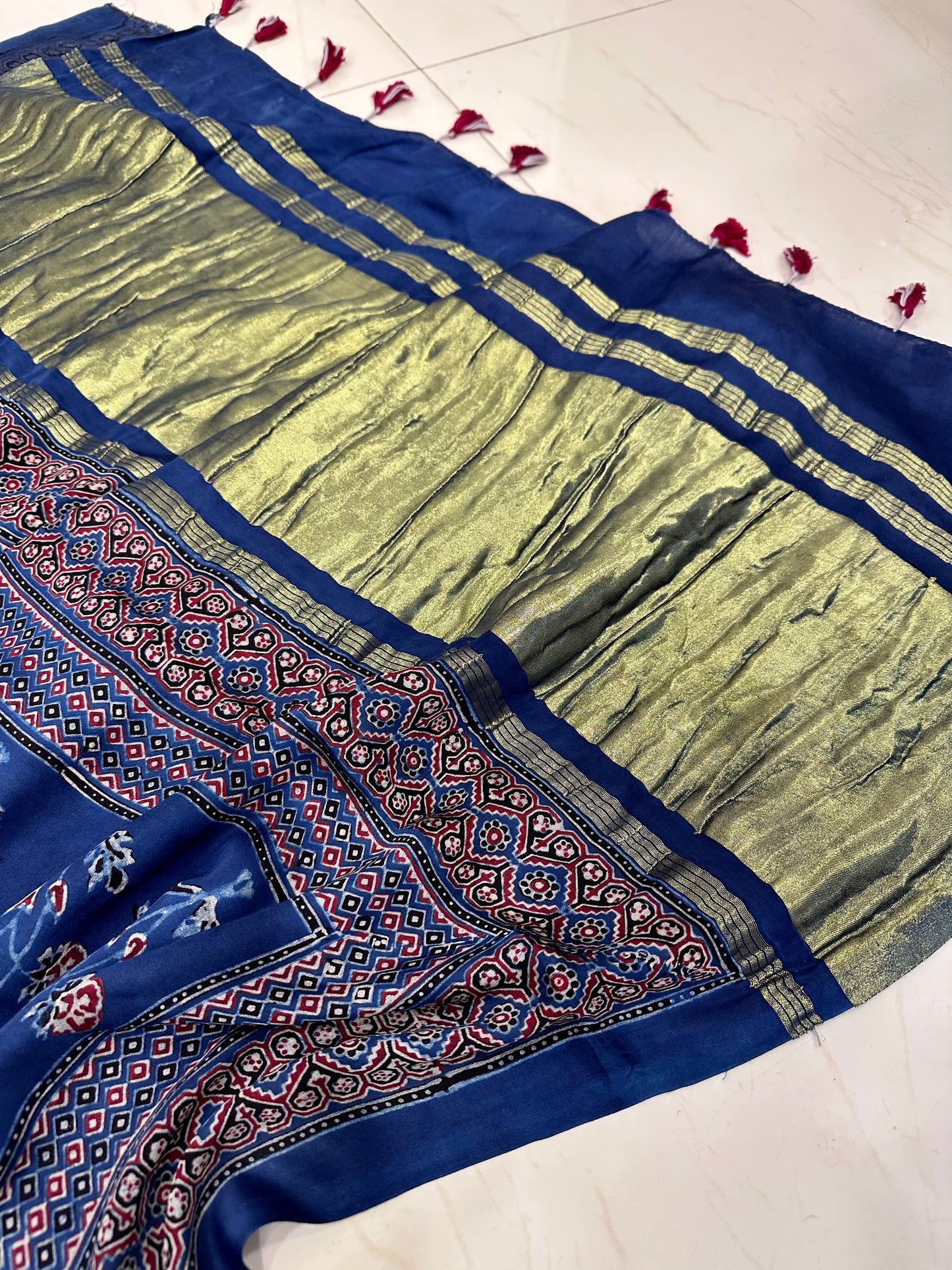 Bulbul hand block Indigo ajrakh saree
