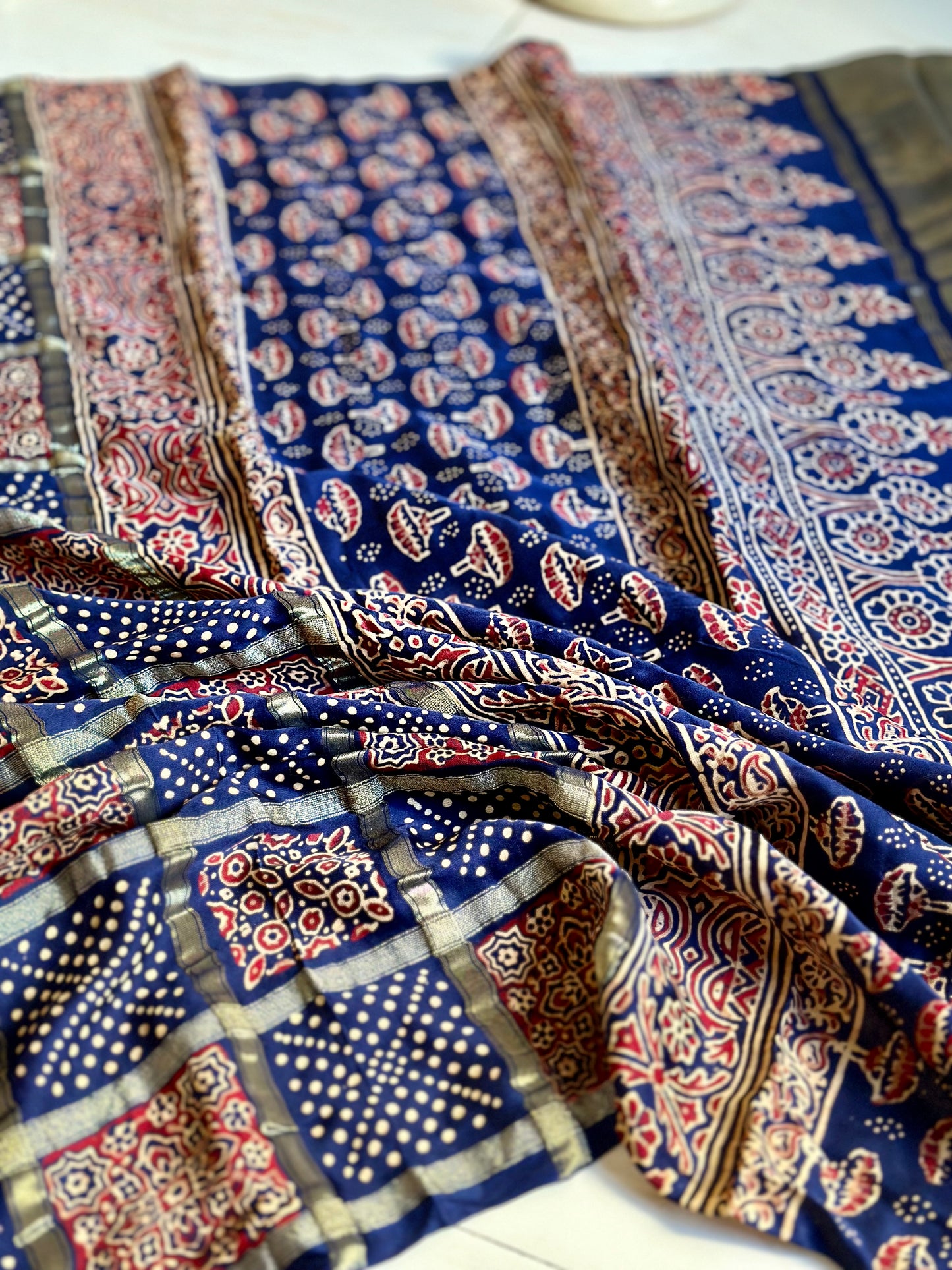 Gharchola bandhej ajrakh saree - Navy blues