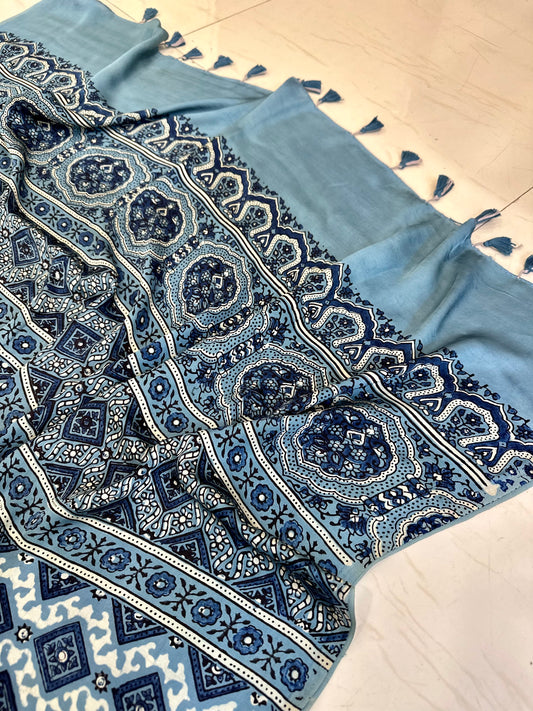 Bulbul Ice blue pure modal silk ajrakh saree