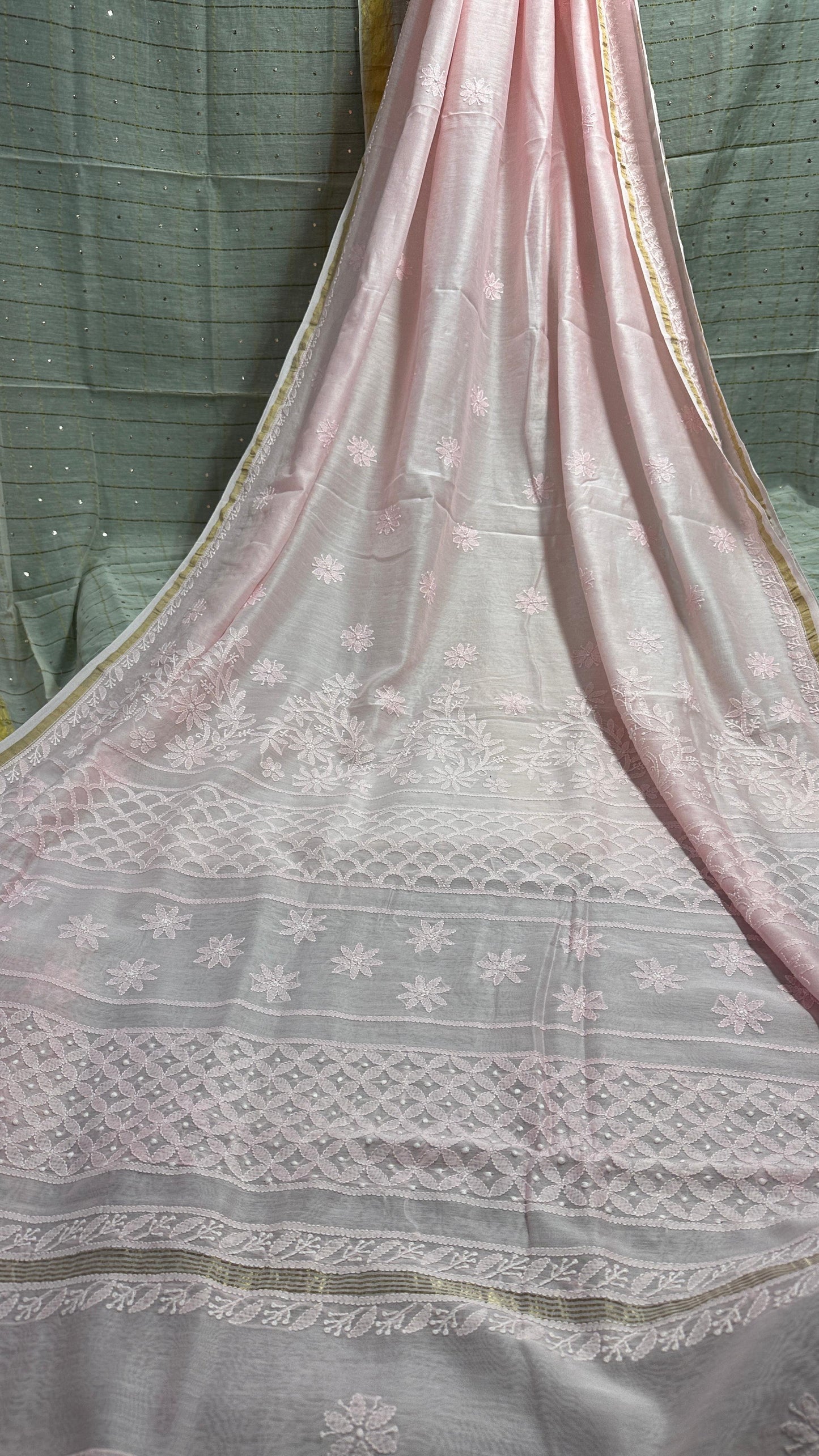 Moonlight Baby pink Pure Chanderi silk Chikankari saree