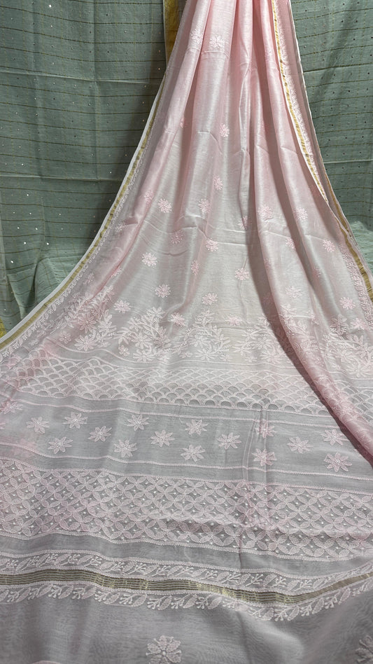 Moonlight Baby pink Pure Chanderi silk Chikankari saree