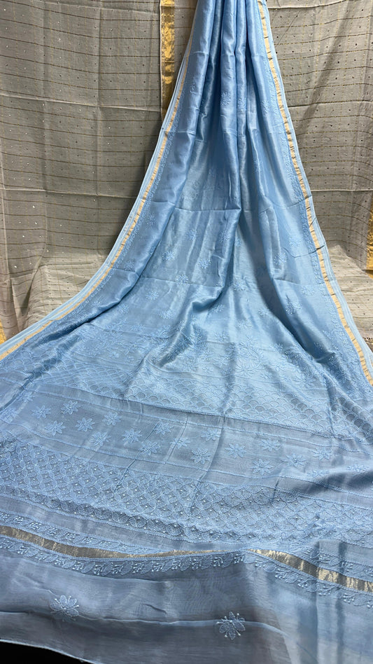 Powder blues - Moonlight chanderi silk Chikankari saree