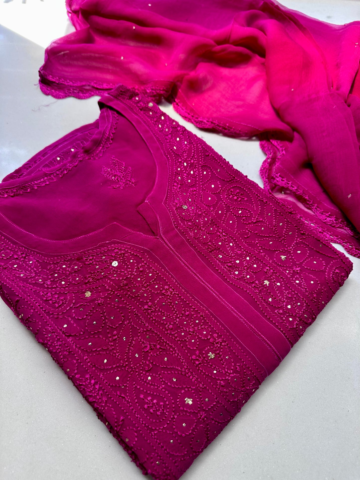 Tara - Deep pink georgette Mukaish suit set