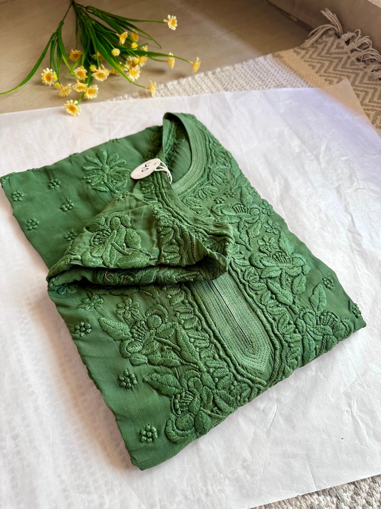 Rutu 3D Handwork Mehendi green georgette Chikankari kurta