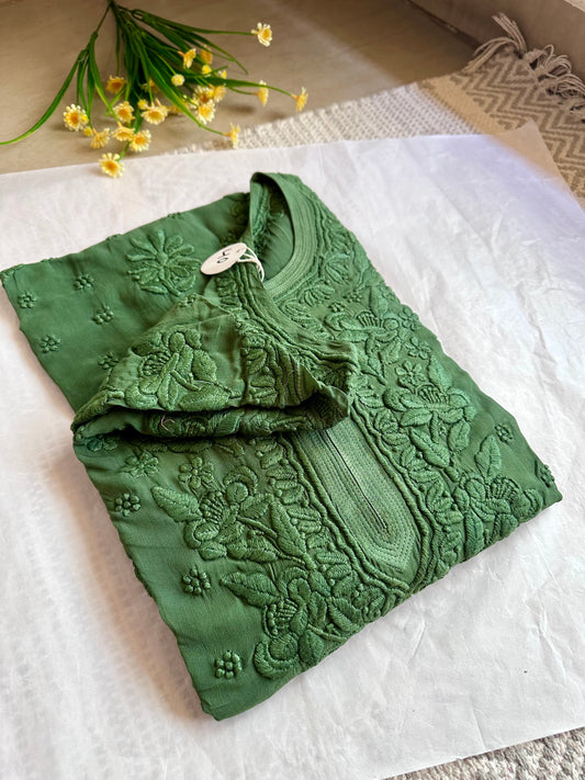 Rutu 3D Handwork Mehendi green georgette Chikankari kurta