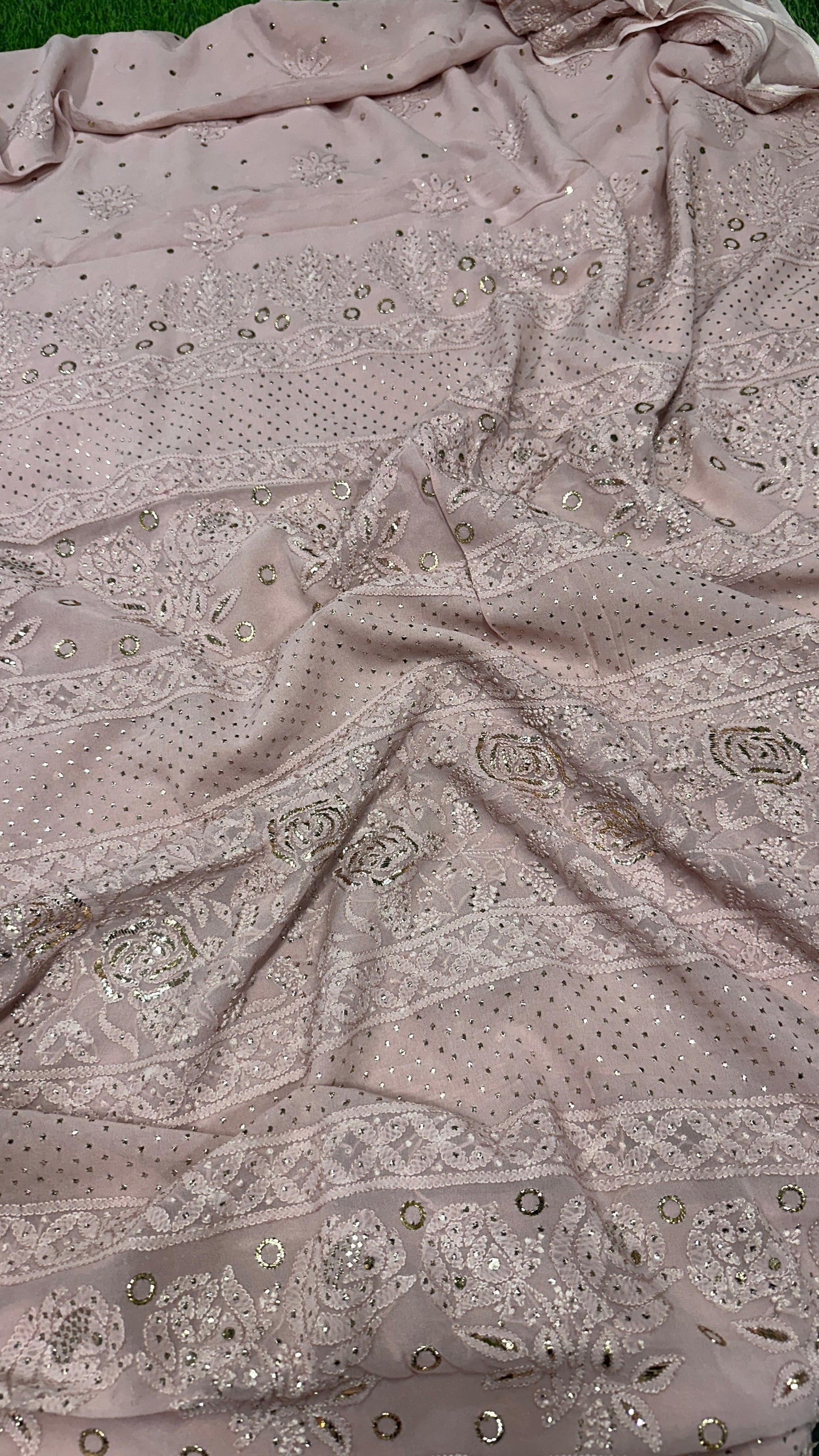 Pure georgette Mukaish work saree