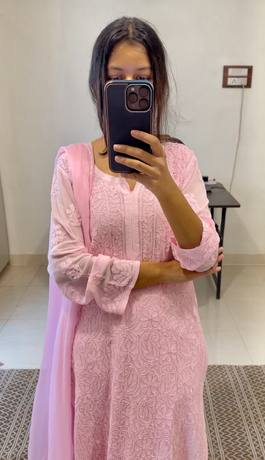 Vamika Baby pink Jaal georgette Chikankari Suit set