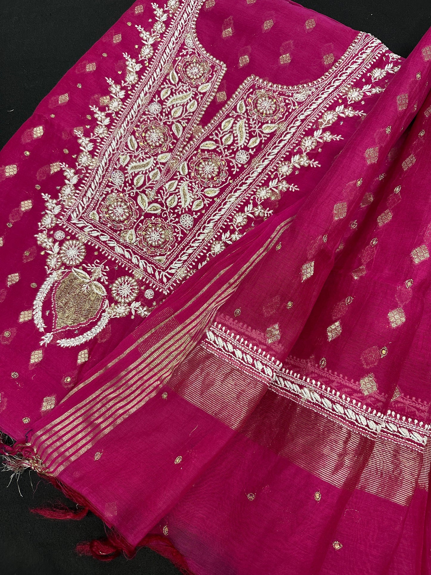 Rani Pink Banarsi Chikankari Unstitched Suit Set