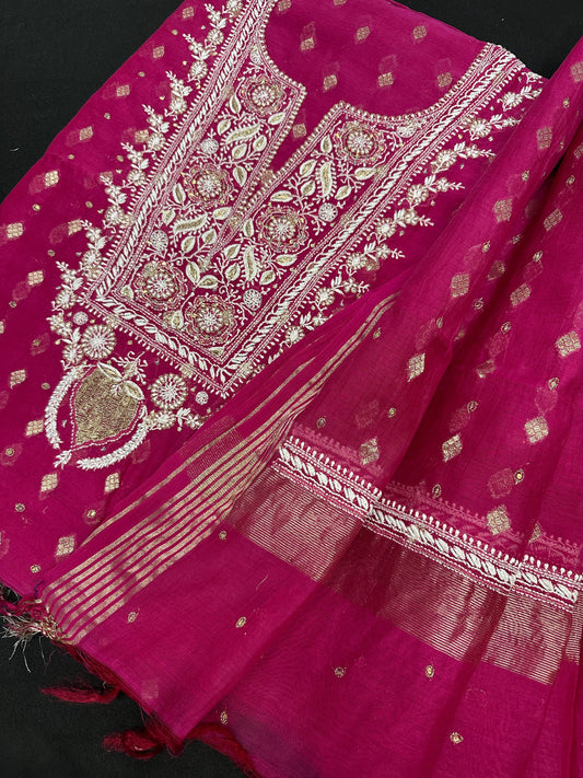 Rani Pink Banarsi Chikankari Unstitched Suit Set