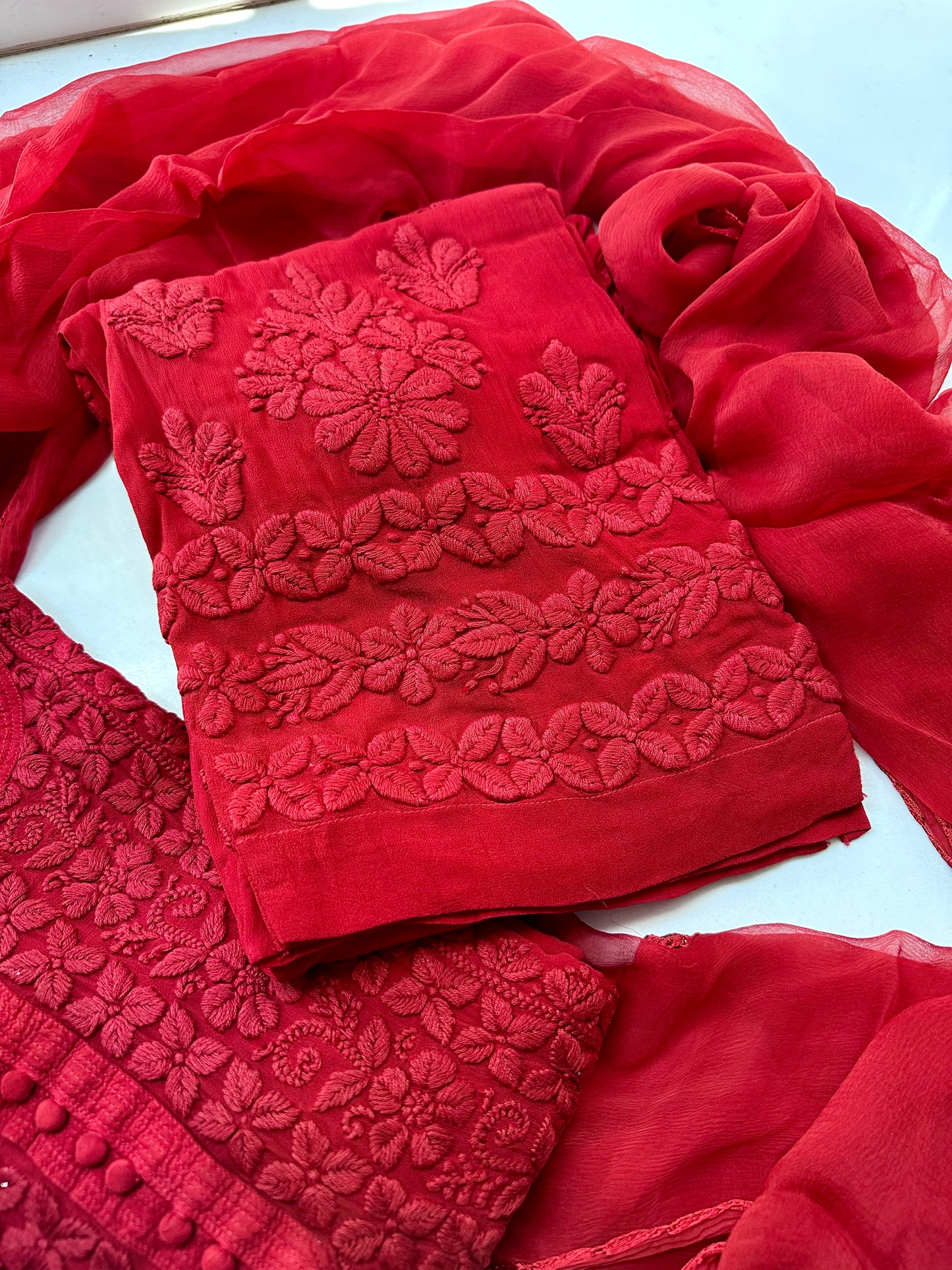 Heer sindoori Red 3D work Chikankari Suit Set