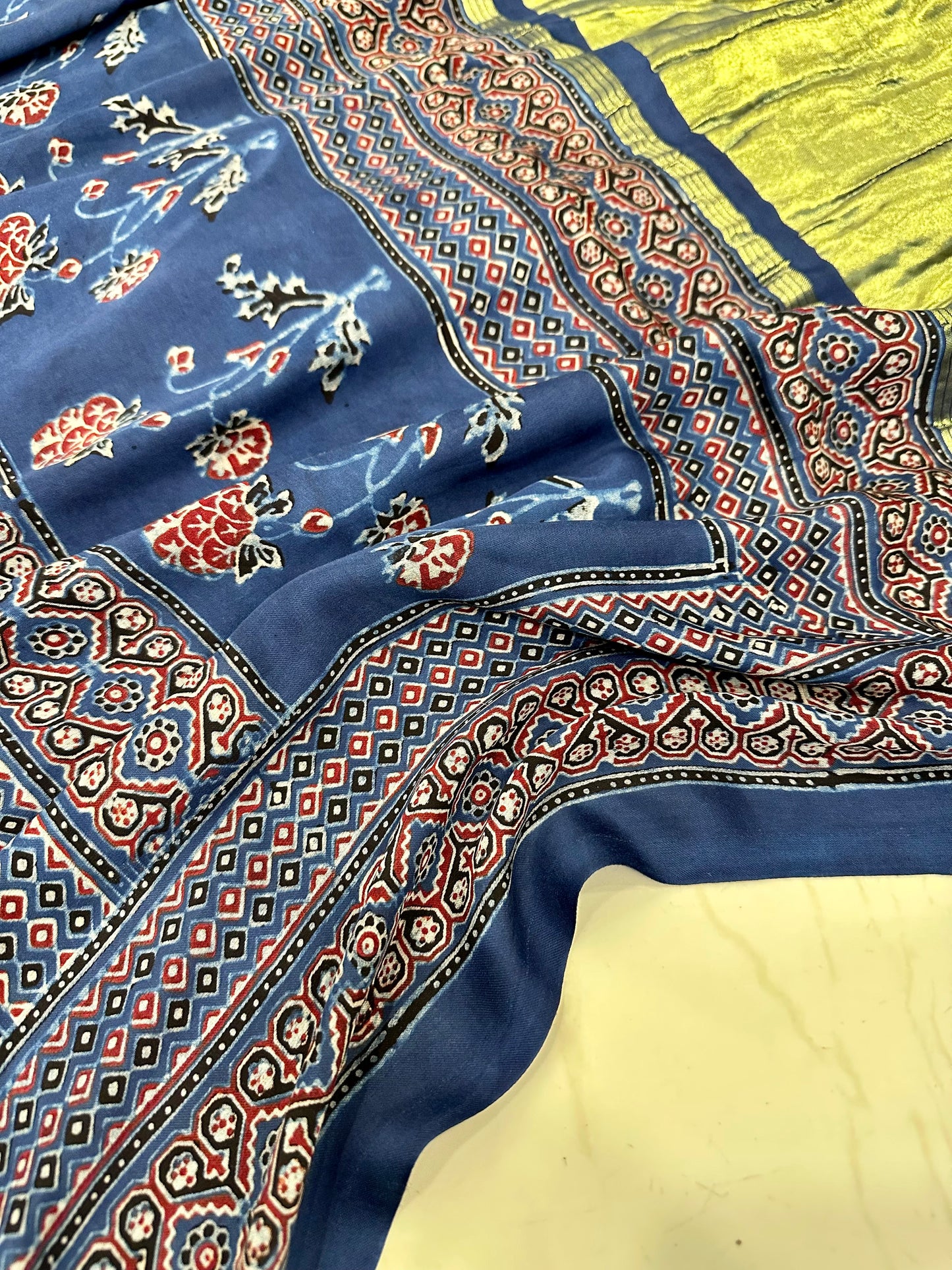 Bulbul hand block Indigo ajrakh saree