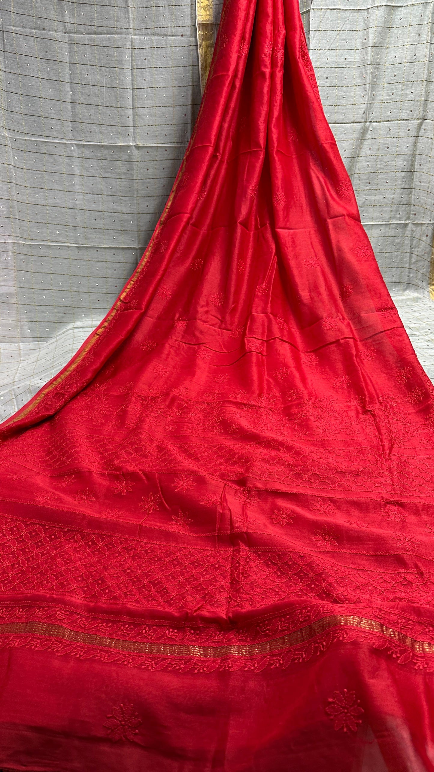 Moonlight Pure Sindoori reds Chanderi silk Chikankari saree