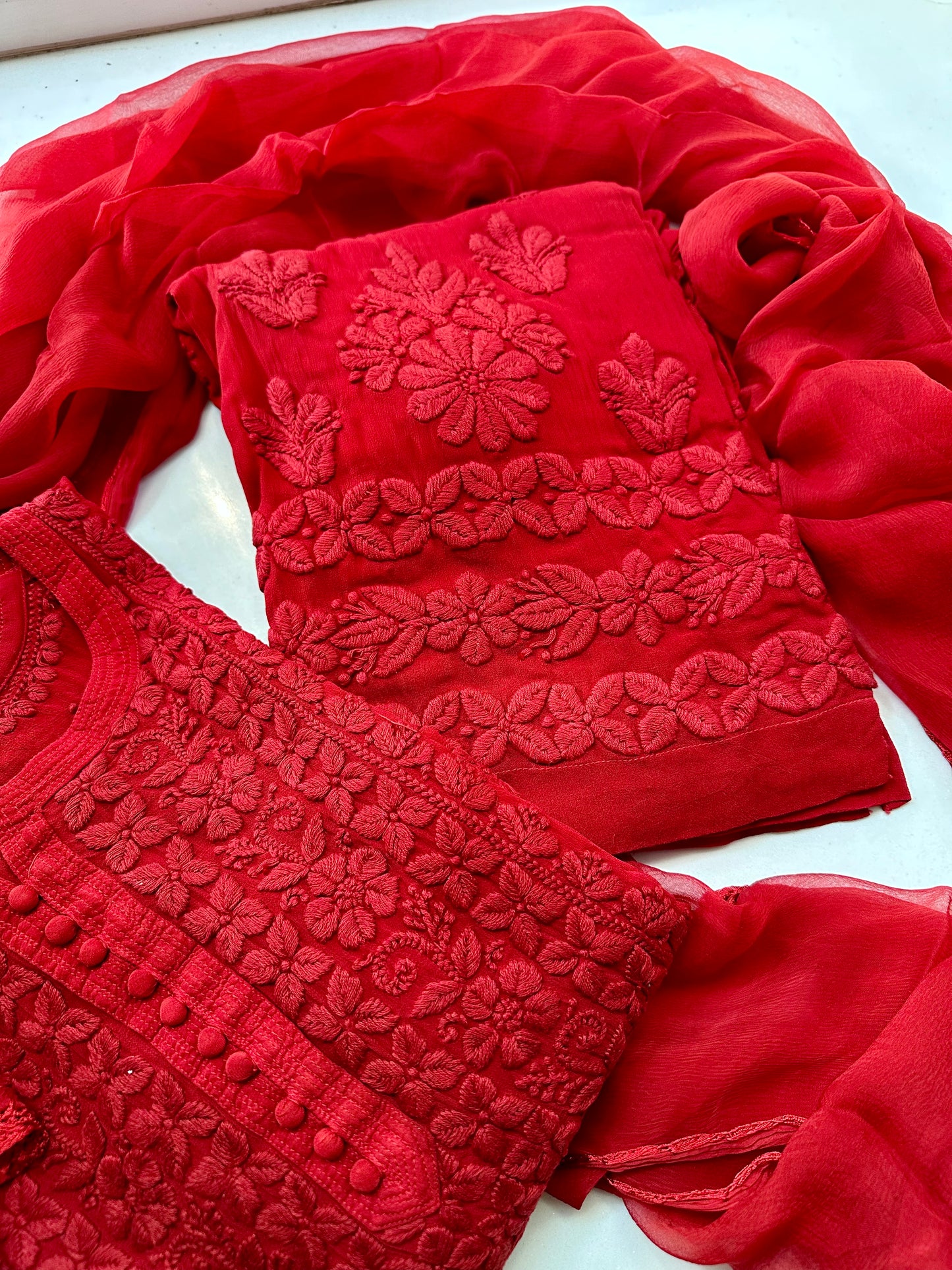 Heer sindoori Red 3D work Chikankari Suit Set