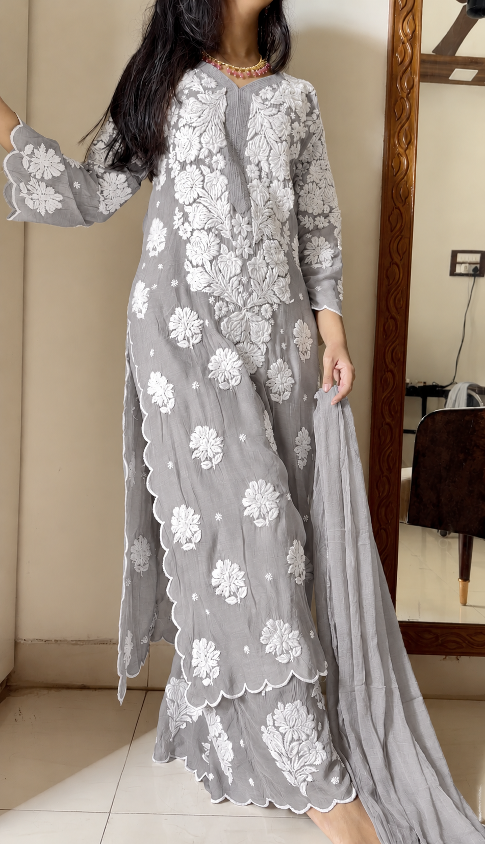 Alia Ash greys Scallop 3D Handwork Chikankari Suit set