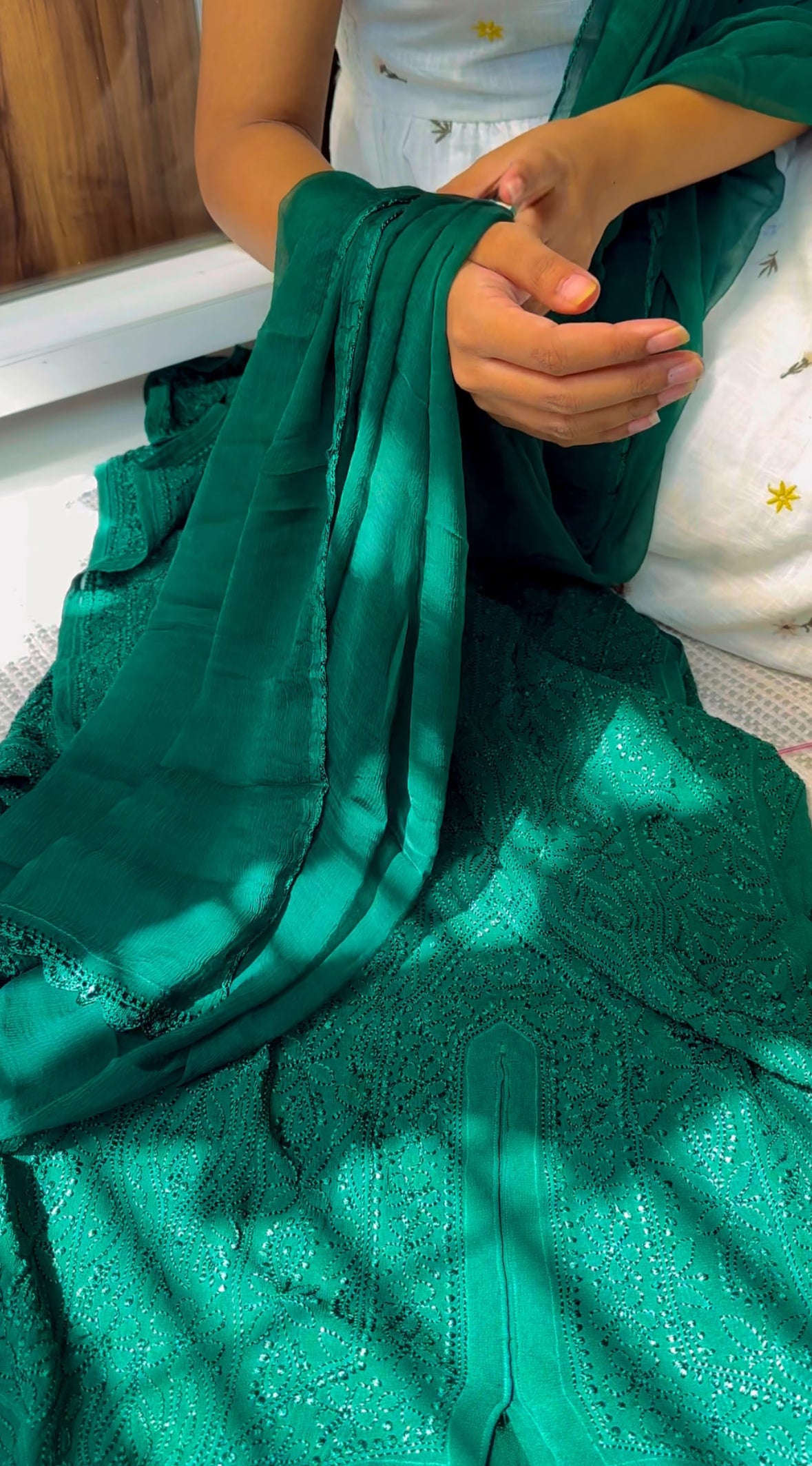 Peacock green Jaal Georgette Chikankari Suit Set