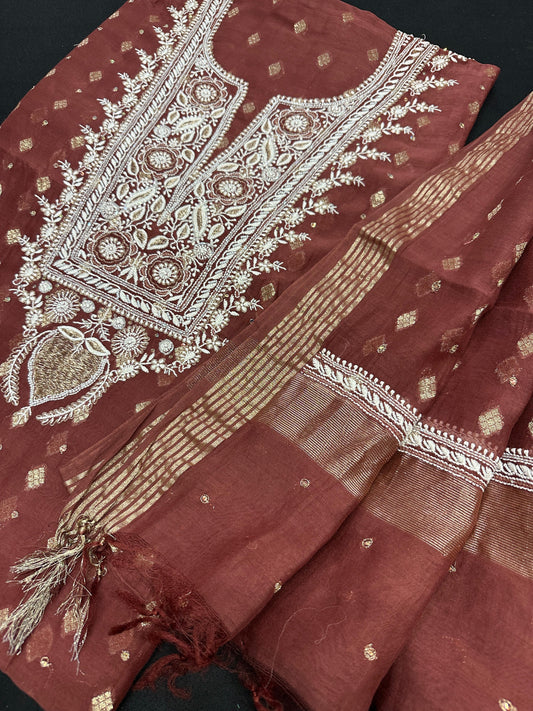Terracotta browns Banarasi Chanderi silk handwork suit