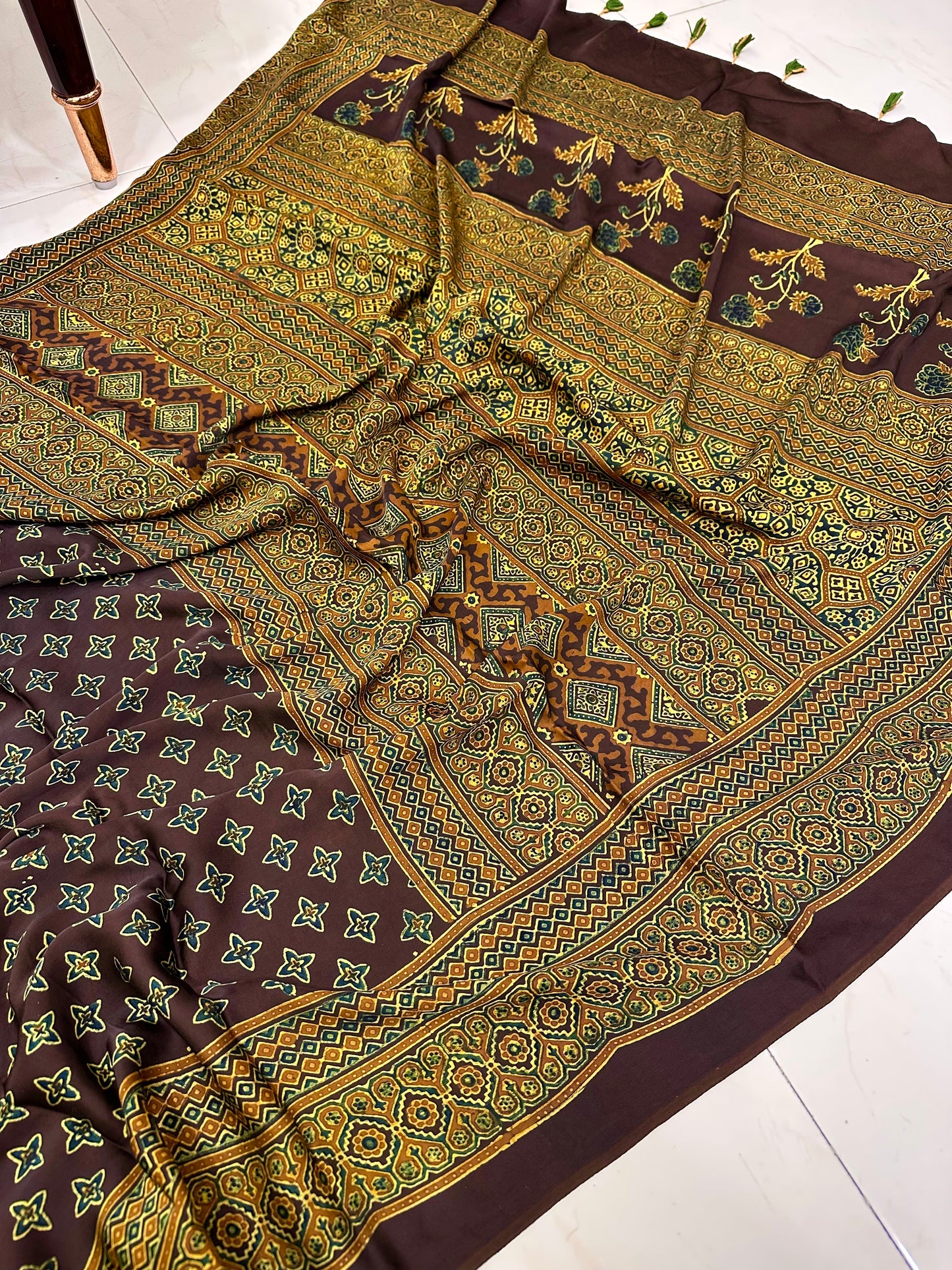 Bulbul Terracotta browns handcrafted pure modal silk ajrakh saree